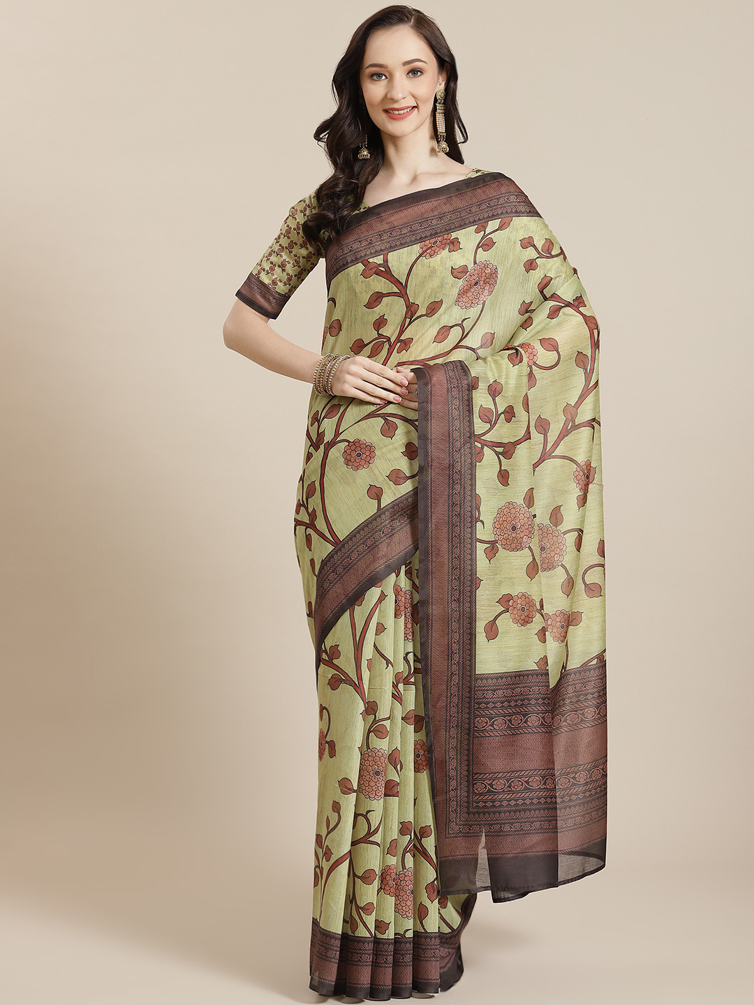 

Mitera Women Green & Brown Floral Saree