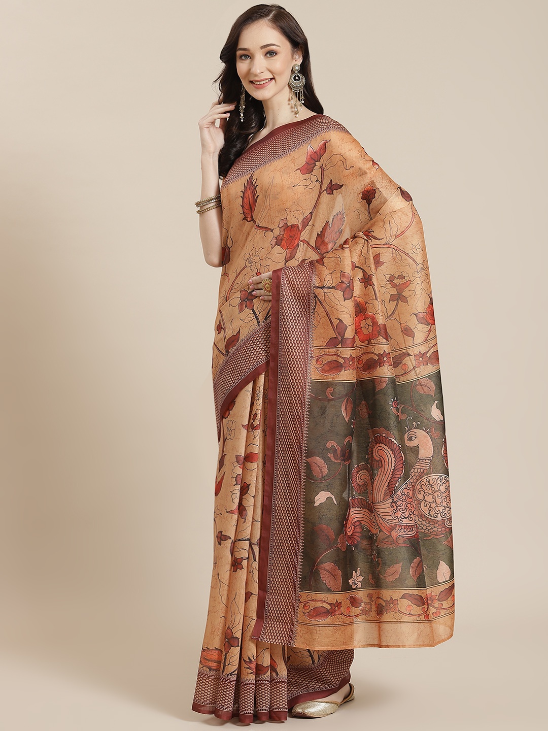 

Mitera Orange Ethnic Motifs Silk Blend Chanderi Saree