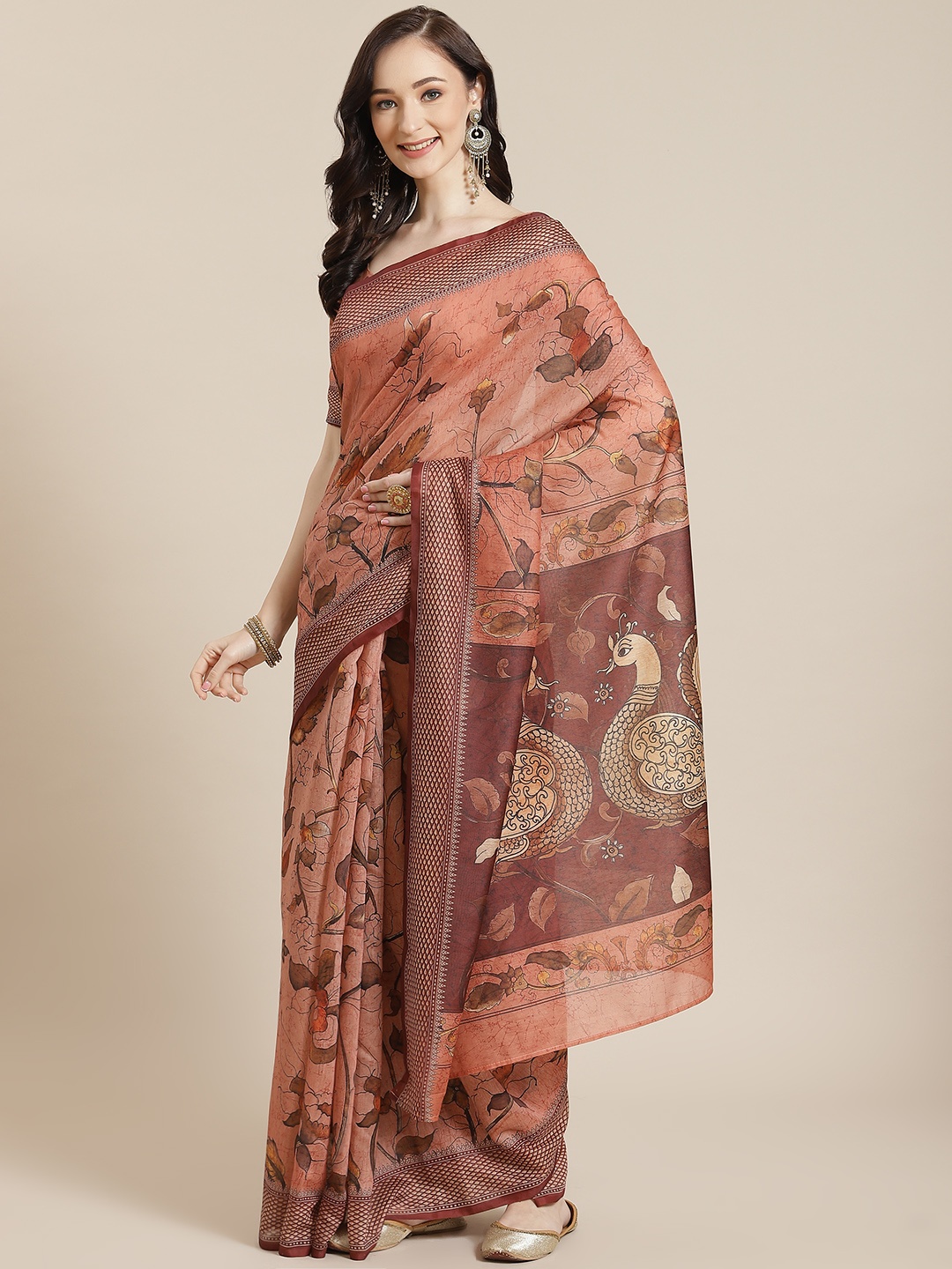 

Mitera Peach-Coloured Ethnic Motifs Silk Blend Chanderi Saree
