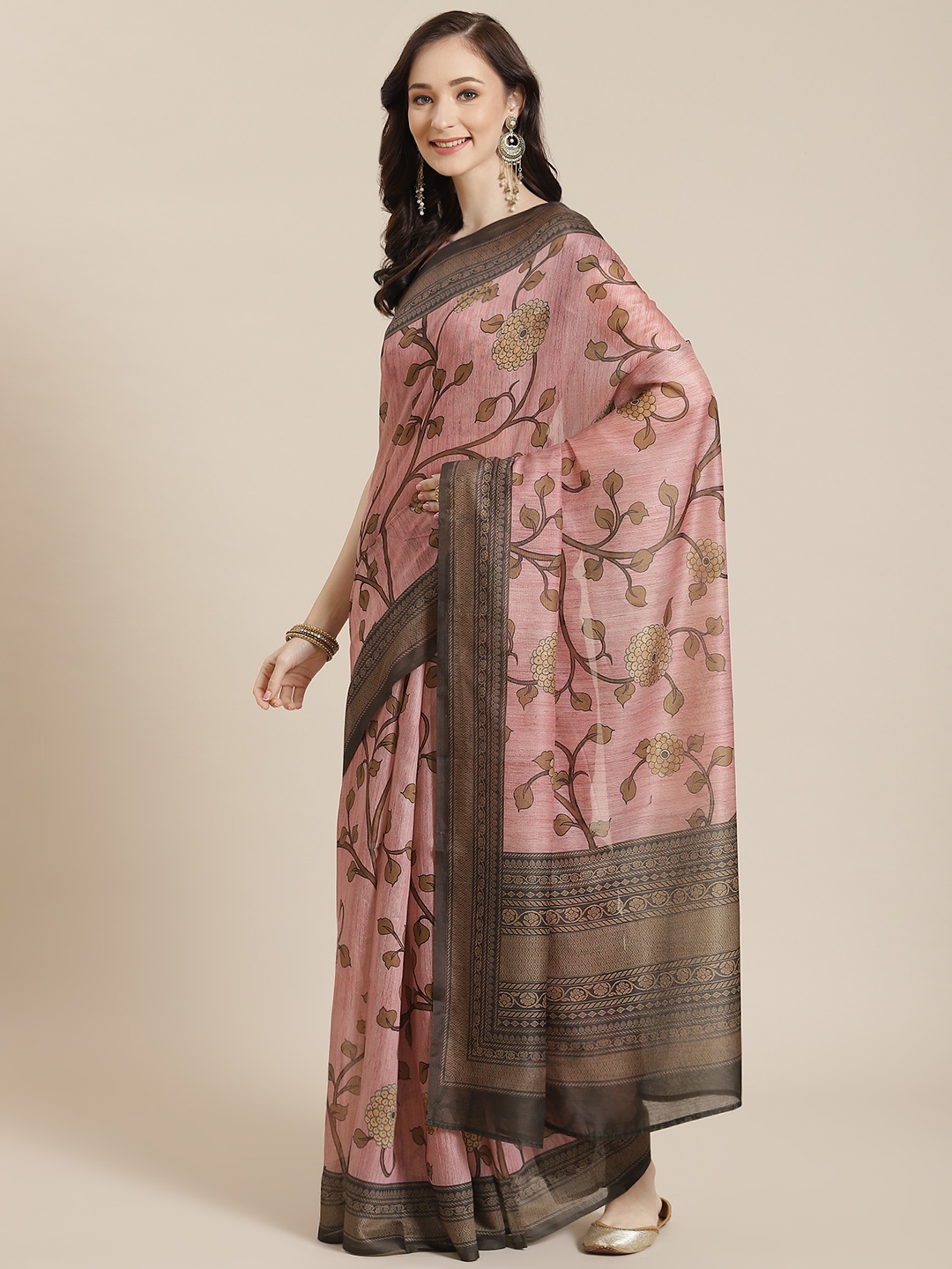 

Mitera Women Pink & Olive Green Ethnic Motifs Saree