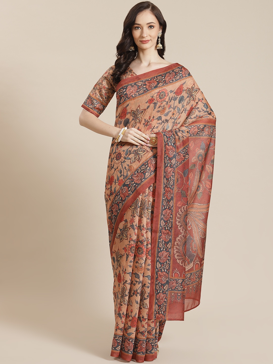 

Mitera Women Orange & Green Floral Saree