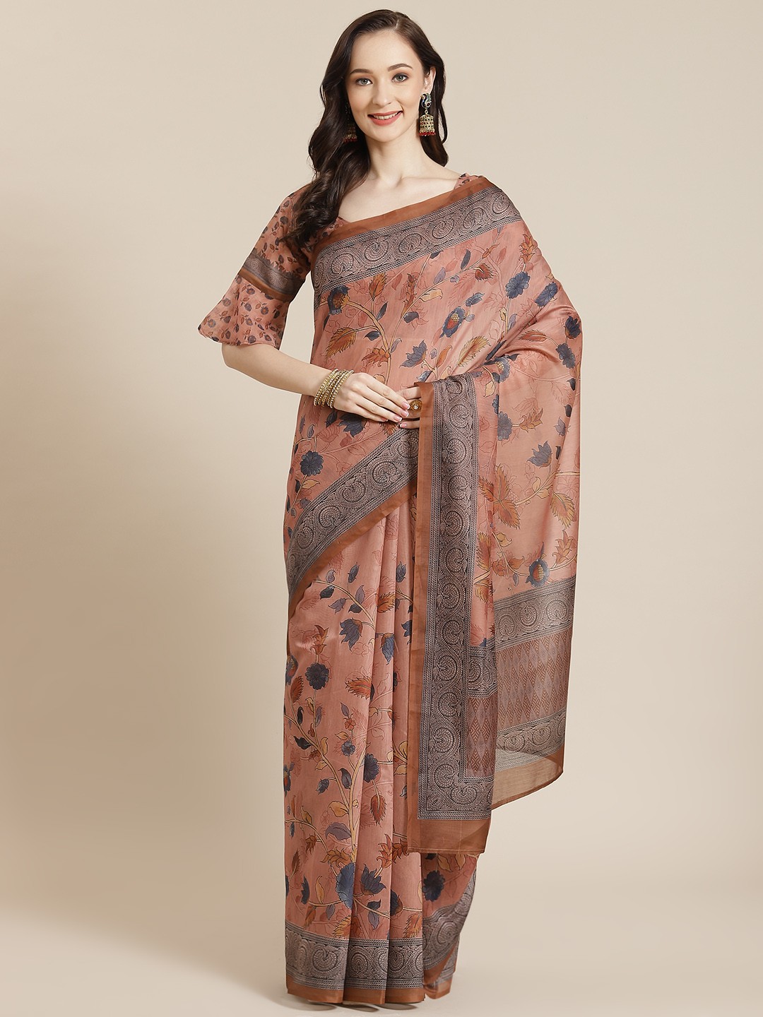 

Mitera Women Pink & Navy Blue Floral Saree