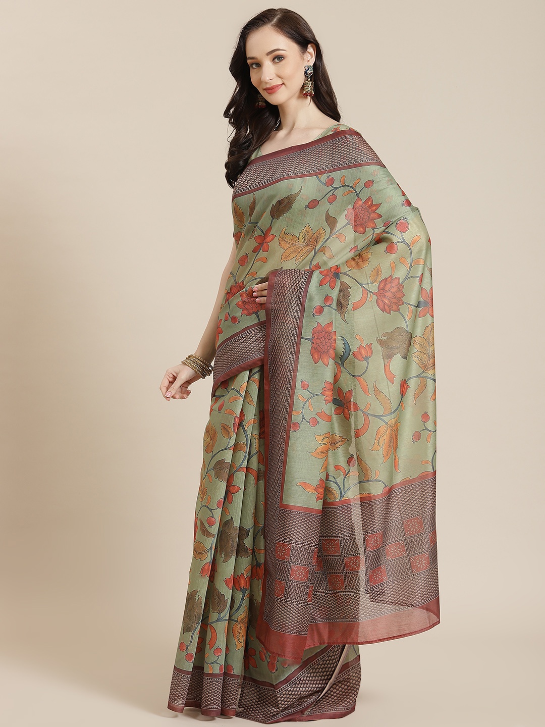 

Mitera Women Green & Orange Floral Saree