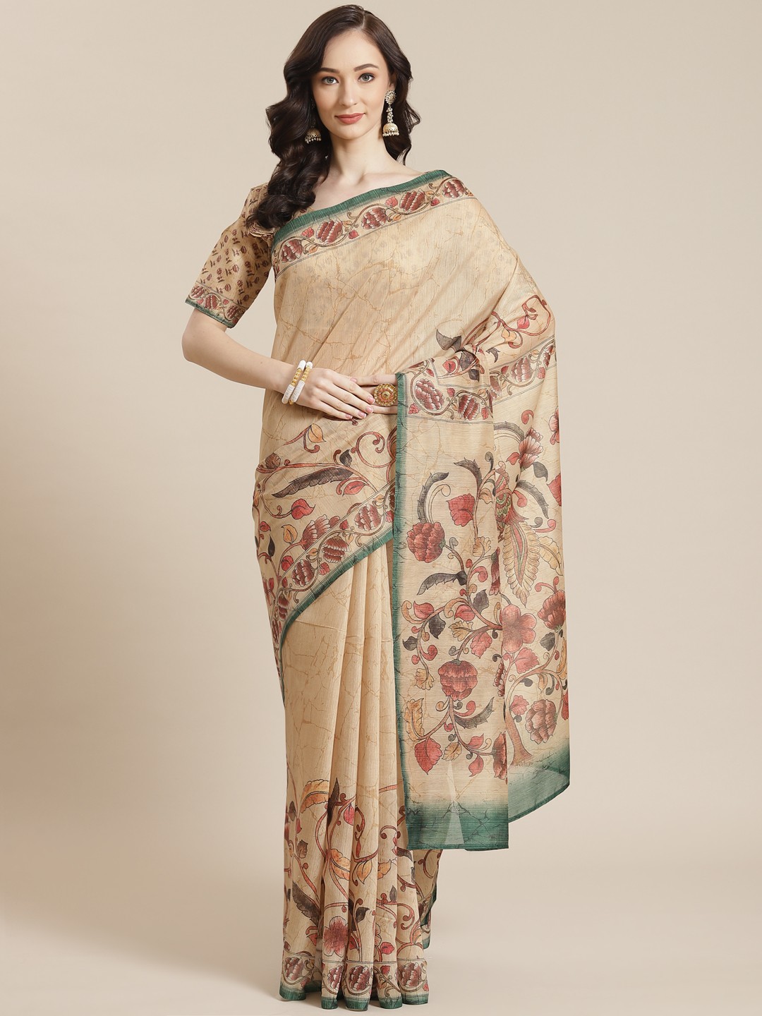 

Mitera Women Beige & Green Floral Saree