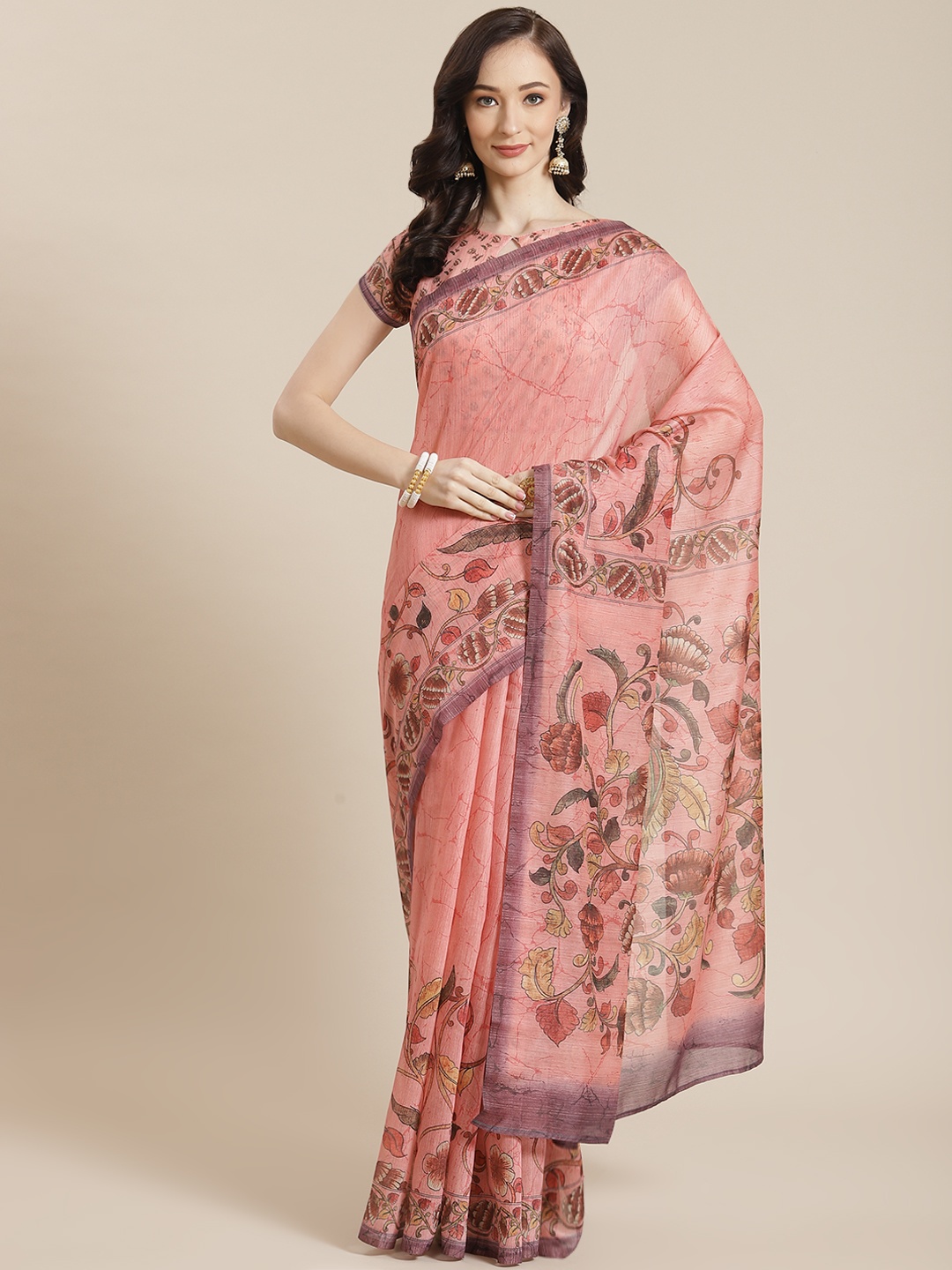 

Mitera Women Pink & Green Floral Saree