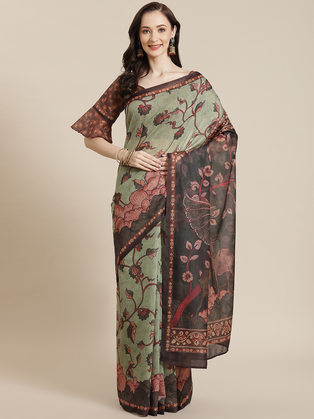 

Mitera Women Green & Red Floral Saree