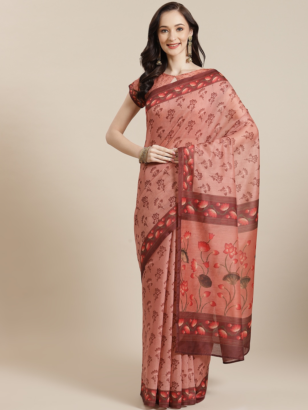 

Mitera Women Peach-Coloured & Red Floral Saree