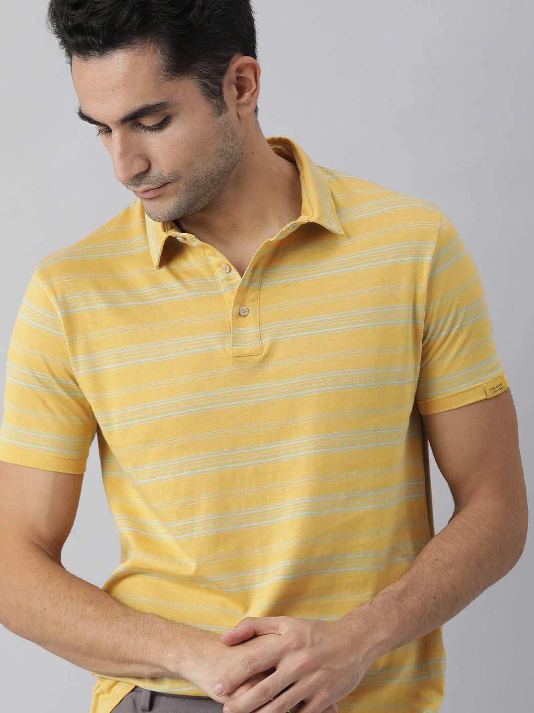 

RARE RABBIT Men Neon Slim Fit Striped Polo Collar Pure Cotton T-Shirt, Mustard