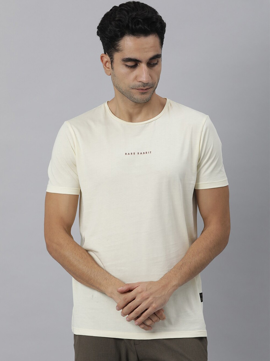 

RARE RABBIT Men Rabbit-4 Typography Printed Pure Cotton Slim Fit T-Shirt, Off white