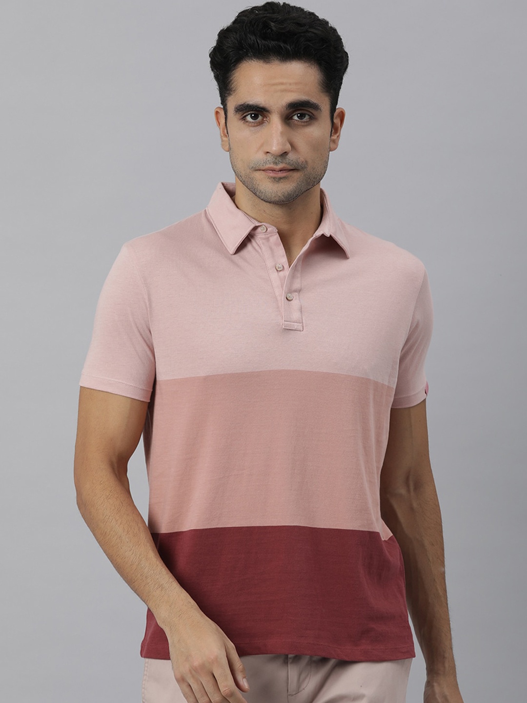 

RARE RABBIT Men Blocky Colourblocked Polo Collar Pure Cotton Slim Fit T-Shirt, Pink