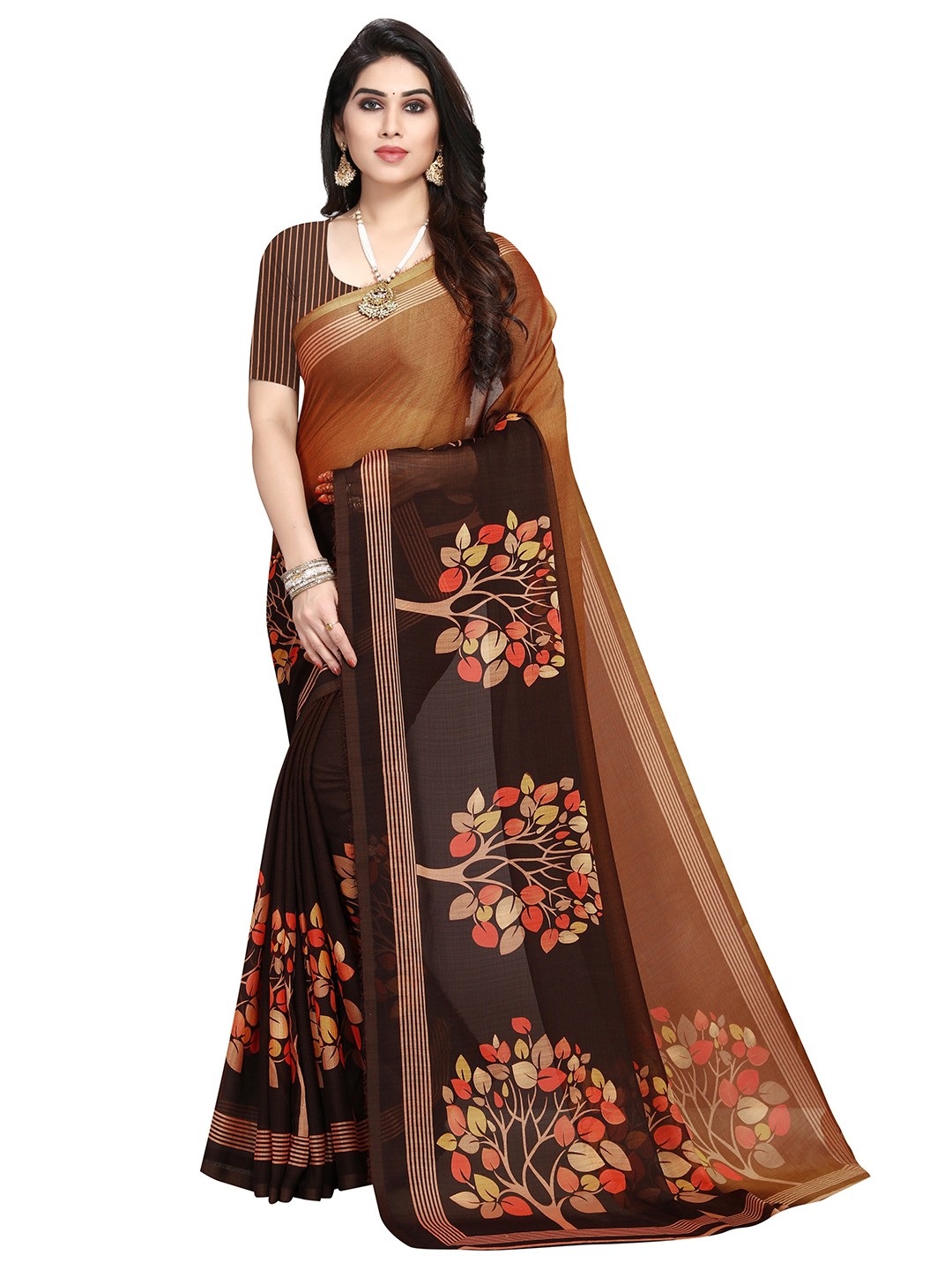 

Nimayaa Brown & Red Floral Printed Saree
