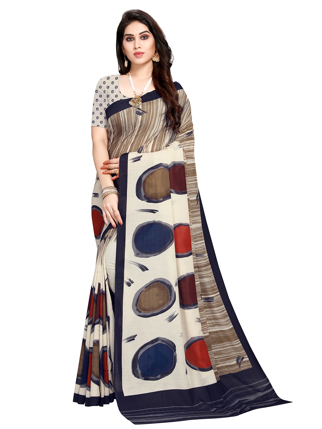

Nimayaa Off White & Navy Blue Printed Saree with Matching Blouse