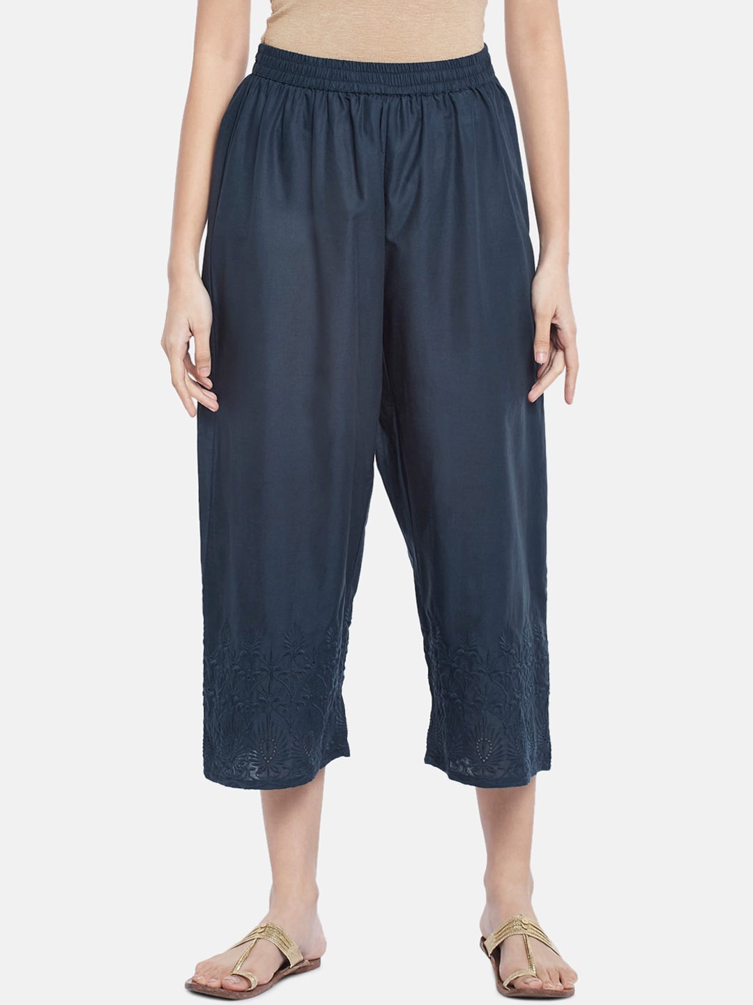 

RANGMANCH BY PANTALOONS Women Navy Blue Pure Cotton Trousers