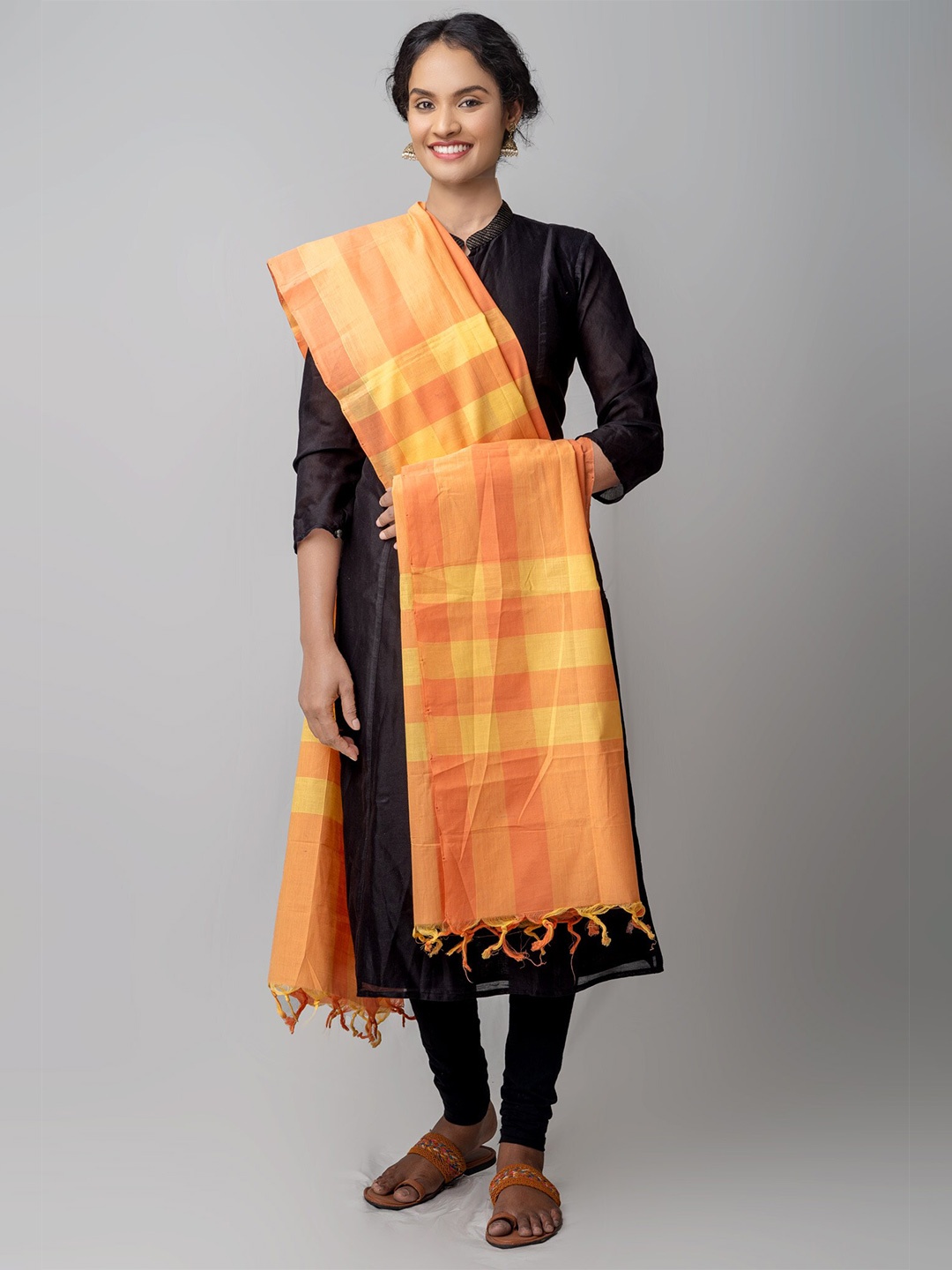 

Unnati Silks Orange & Yellow Checked Pure Mulmul Cotton Dupatta