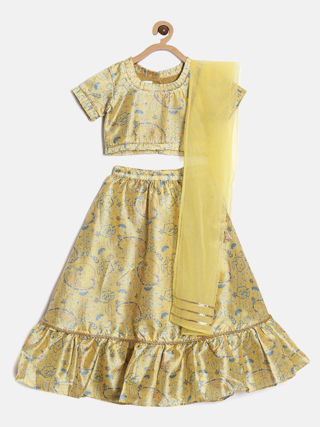 

Aomi Girls Yellow & Grey Printed Ready to Wear Lehenga & Blouse With Dupatta