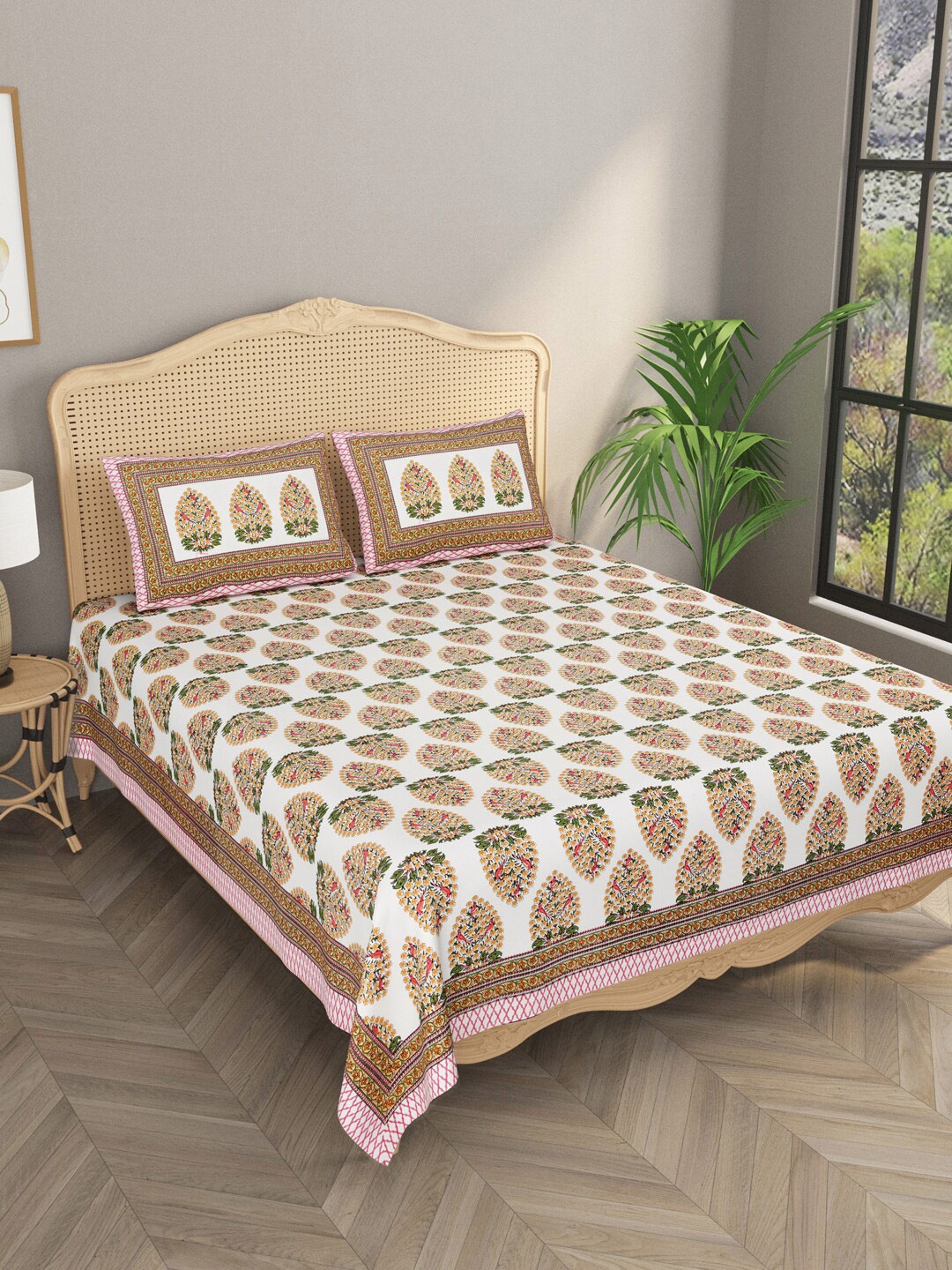 

Gulaab Jaipur Orange & White Floral 400 TC King Bedsheet with 2 Pillow Covers