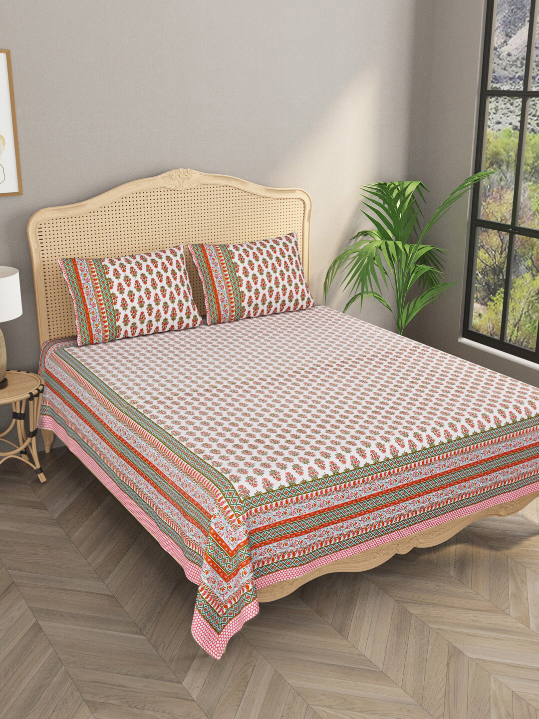 

Gulaab Jaipur White & Orange Ethnic Motifs 600 TC King Bedsheet with 2 Pillow Covers