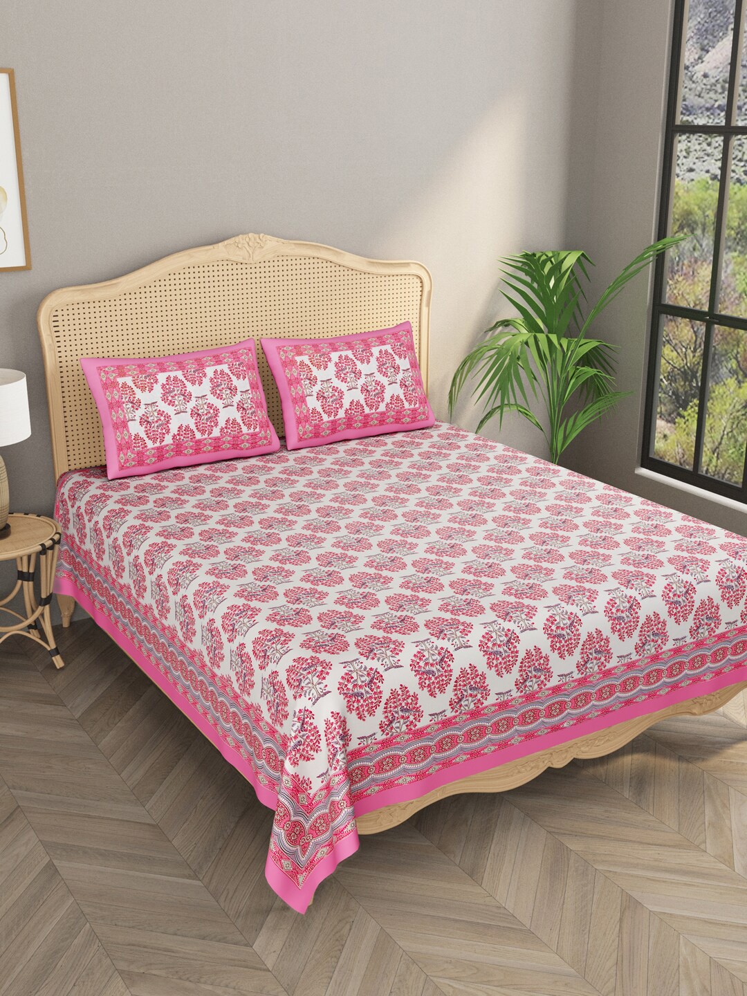 

Gulaab Jaipur Pink & White Floral 400 TC King Bedsheet with 2 Pillow Covers