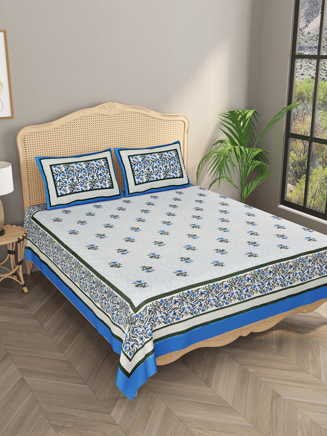 

Gulaab Jaipur Blue & White Ethnic Motifs 400 TC King Bedsheet with 2 Pillow Covers