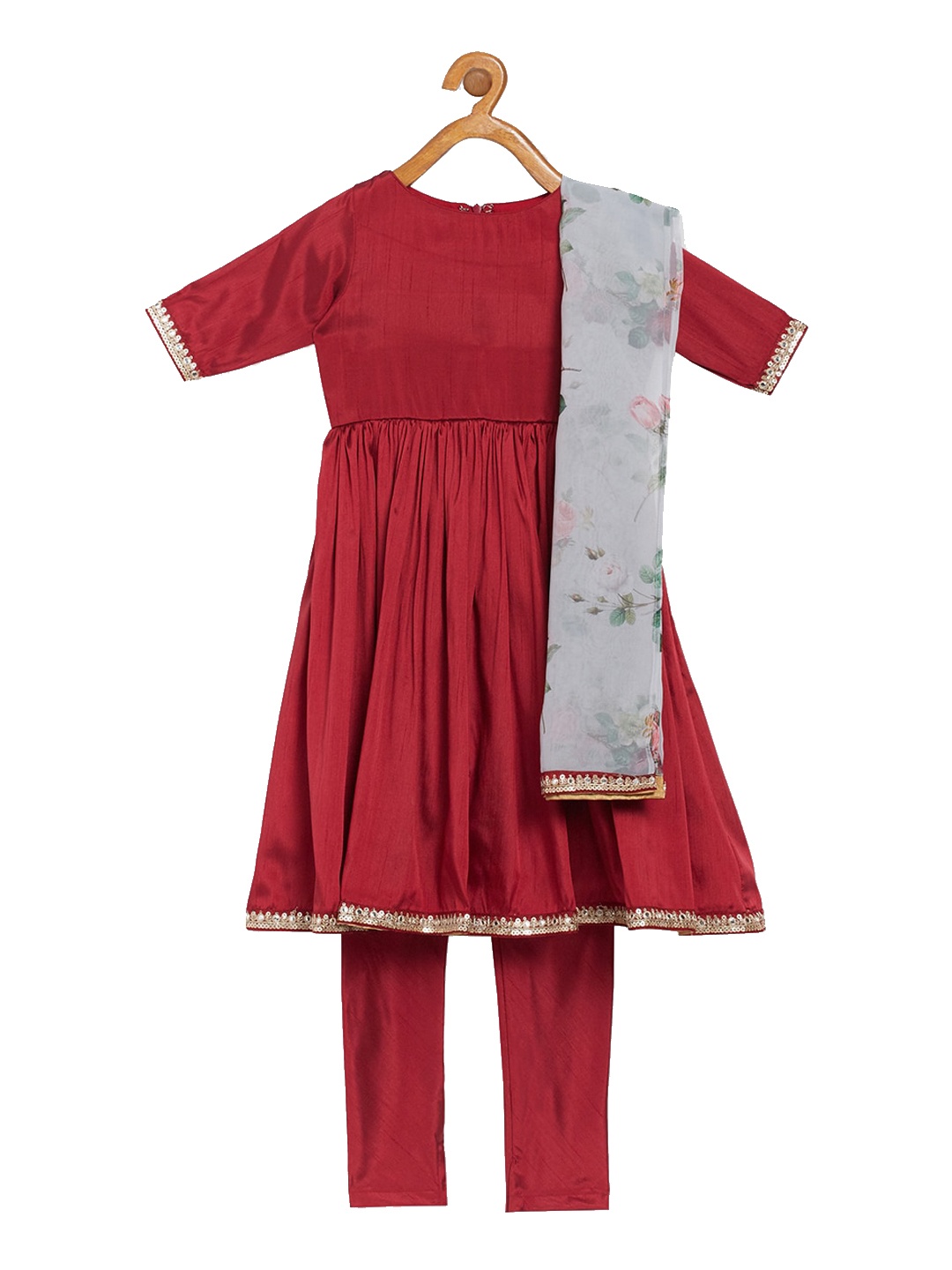 

Ethnovog Girls Maroon Pleated Kurta with Churidar Dupatta