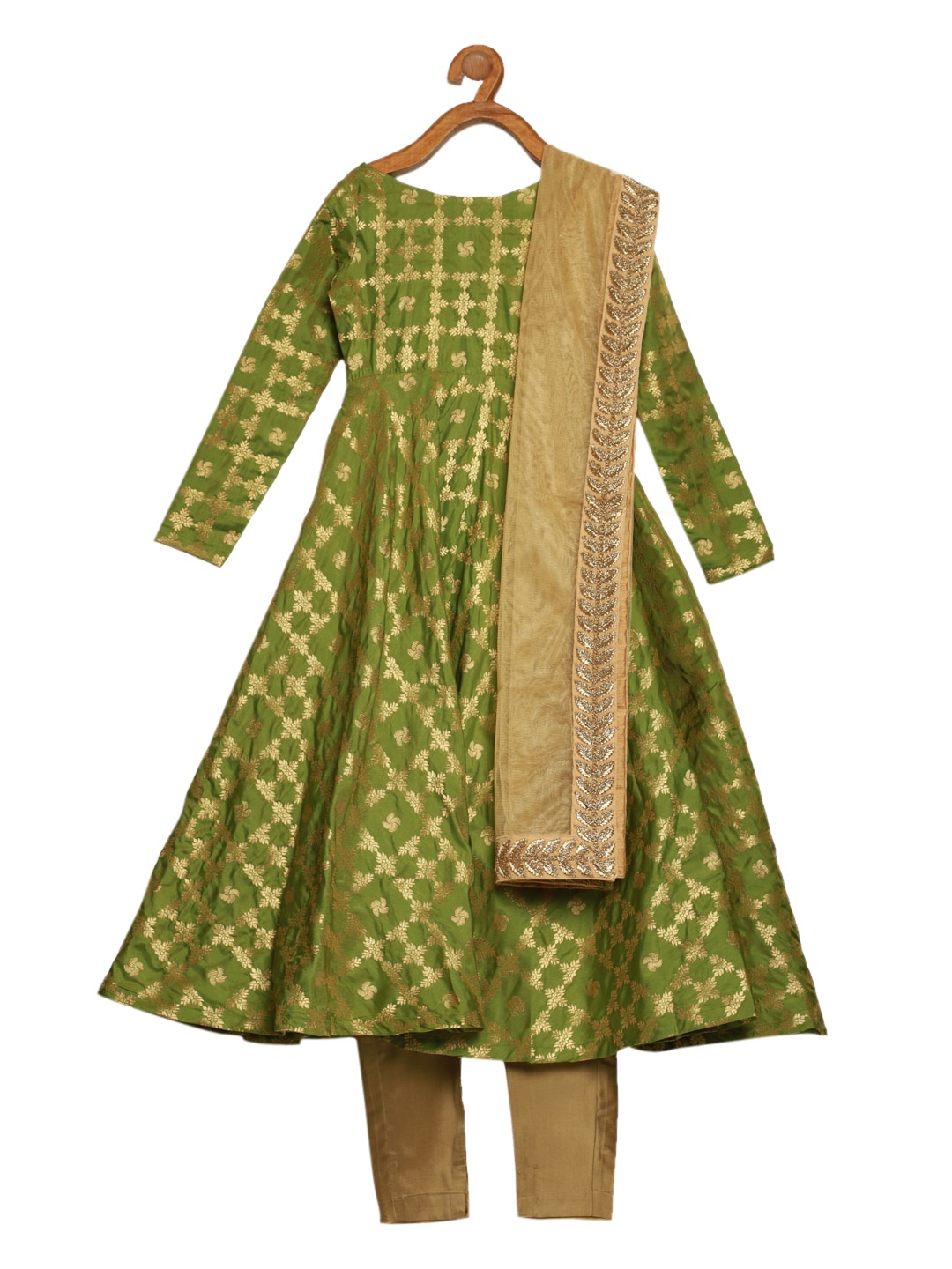 

Ethnovog Girls Green Gold-Coloured Ethnic Motifs Kurta with Churidar Dupatta