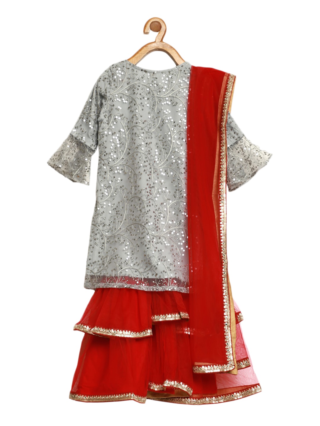 

Ethnovog Girls Grey Floral Embroidered Sequinned Kurta with Sharara With Dupatta