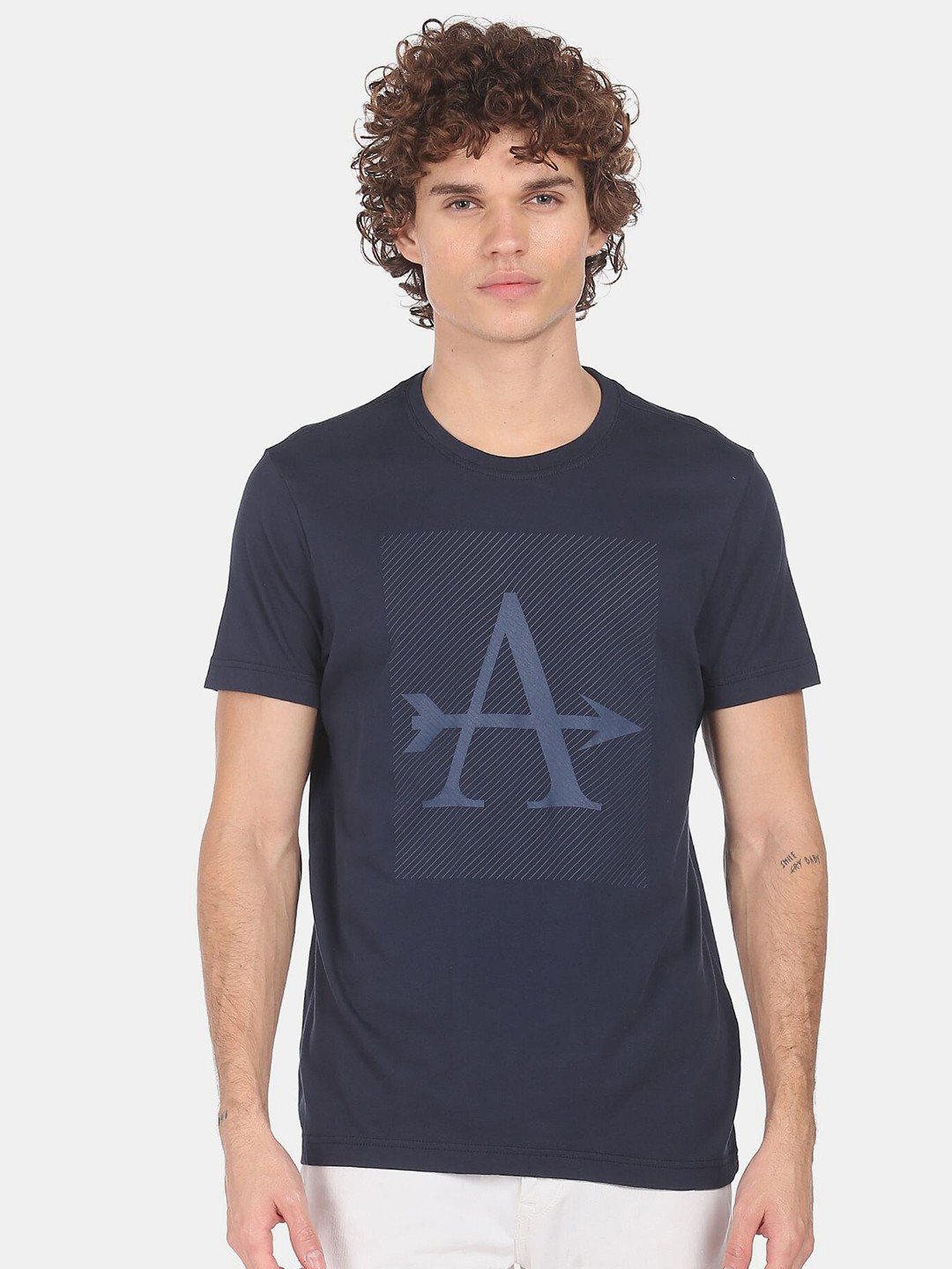 

Arrow Sport Men Navy Blue Typography Printed Pure Cotton T-shirt
