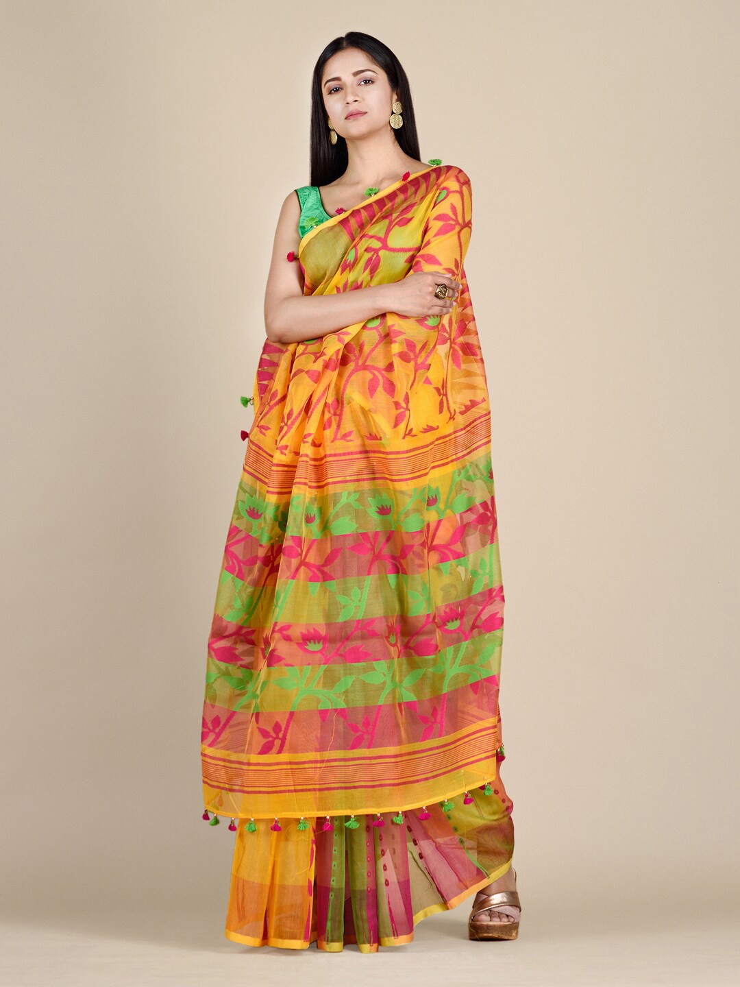 

Mitera Yellow & Magenta Floral Silk Cotton Jamdani Saree