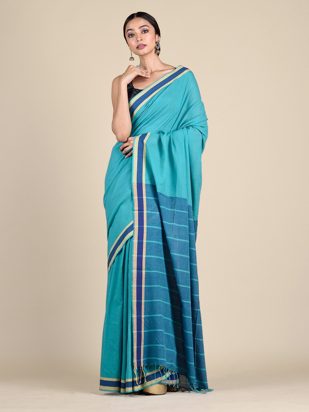 

Mitera Blue Woven Design Pure Cotton Heavy Work Saree
