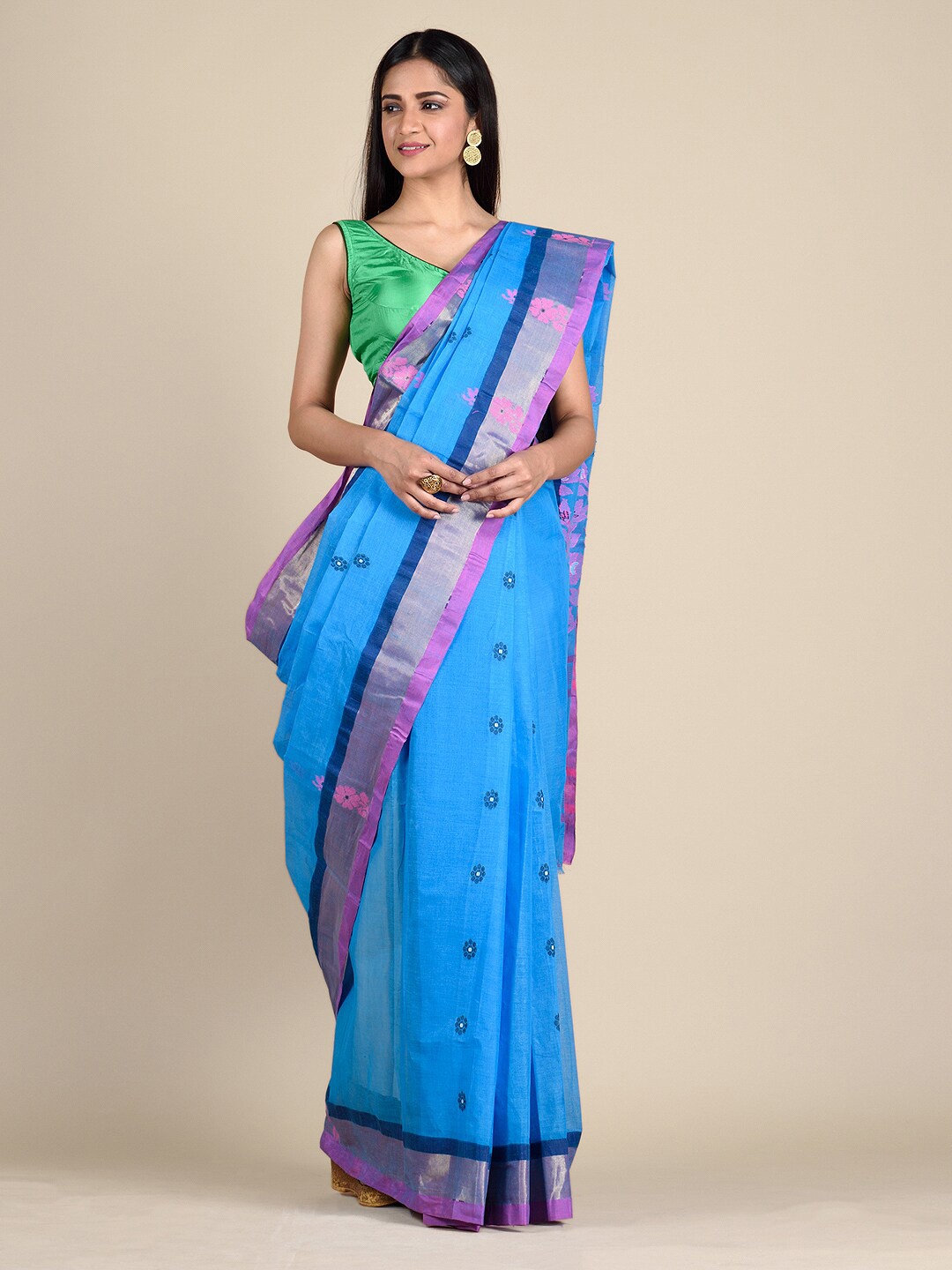 

Mitera Blue & Pink Floral Pure Cotton Saree