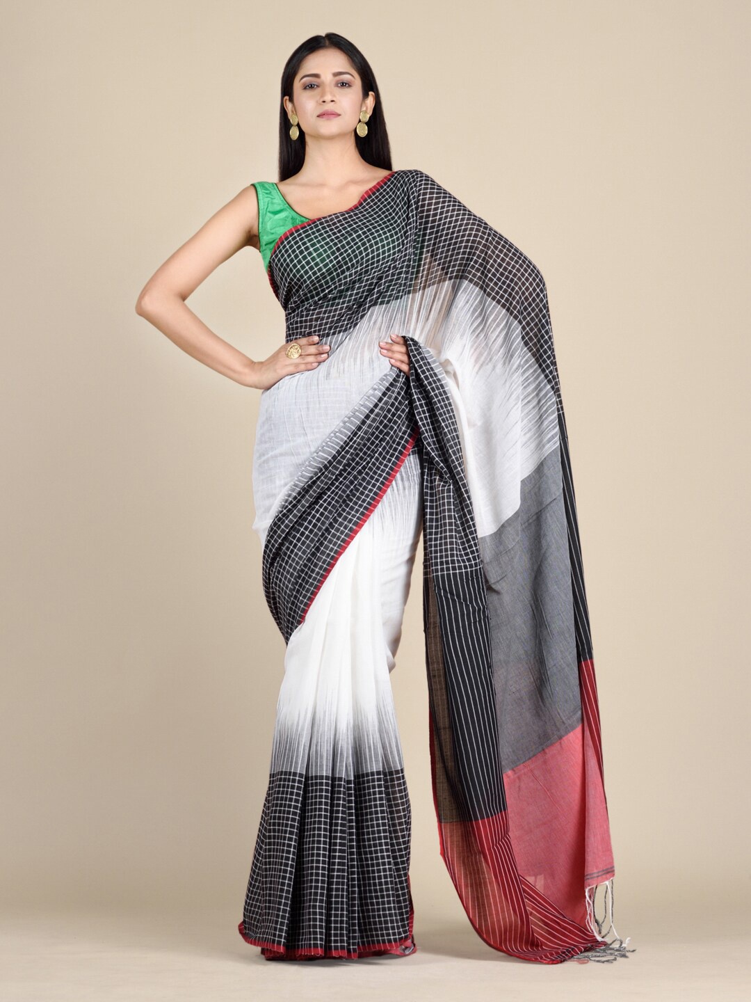 

Mitera Black & Pink Checked Pure Cotton Saree
