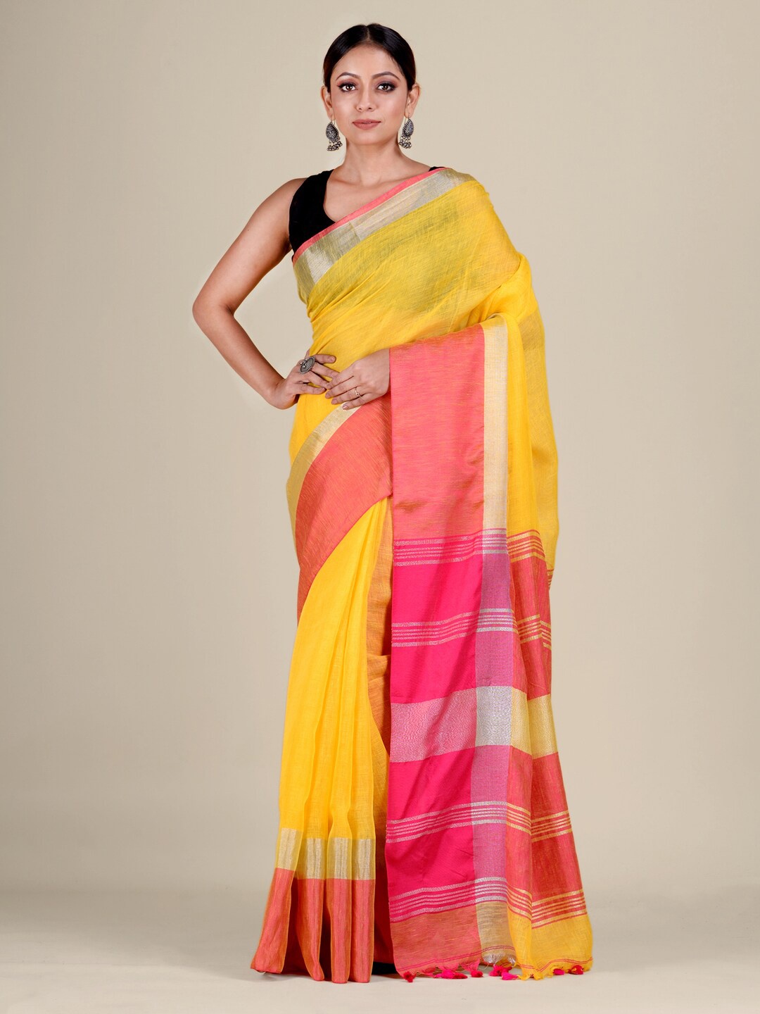 

Mitera Yellow & Fuchsia Woven Design Zari Pure Linen Saree