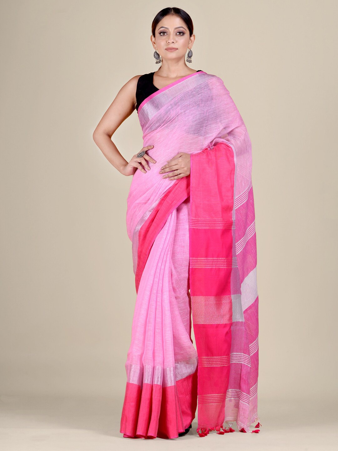 

Mitera Pink & Fuchsia Woven Design Zari Pure Linen Saree
