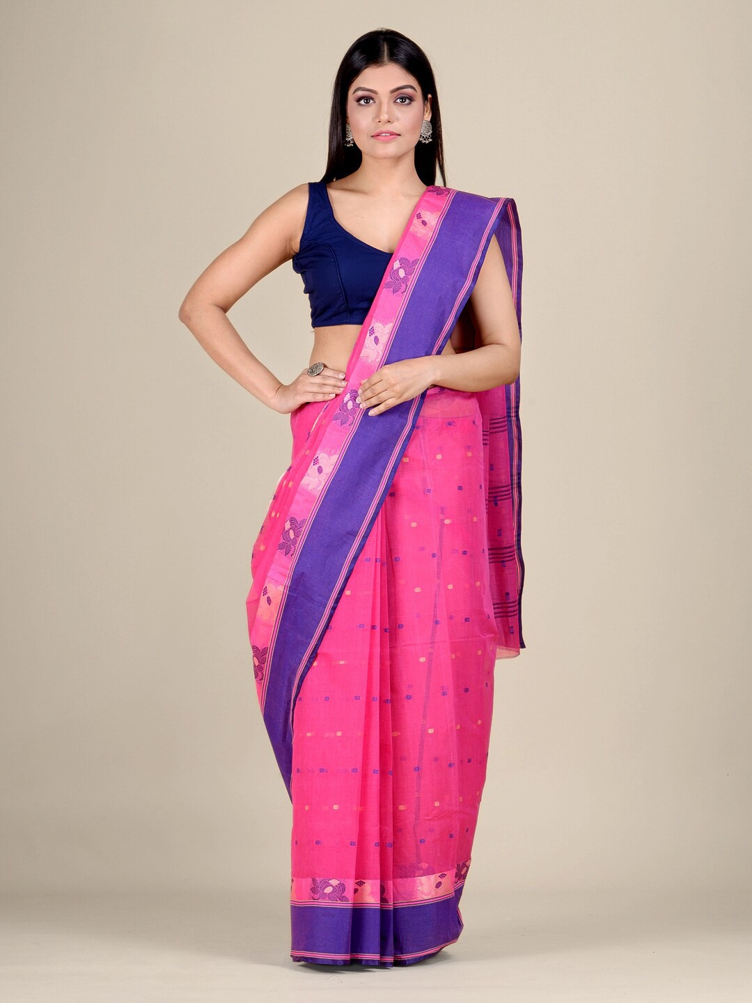 

Mitera Pink & Blue Floral Pure Cotton Heavy Work Taant Saree