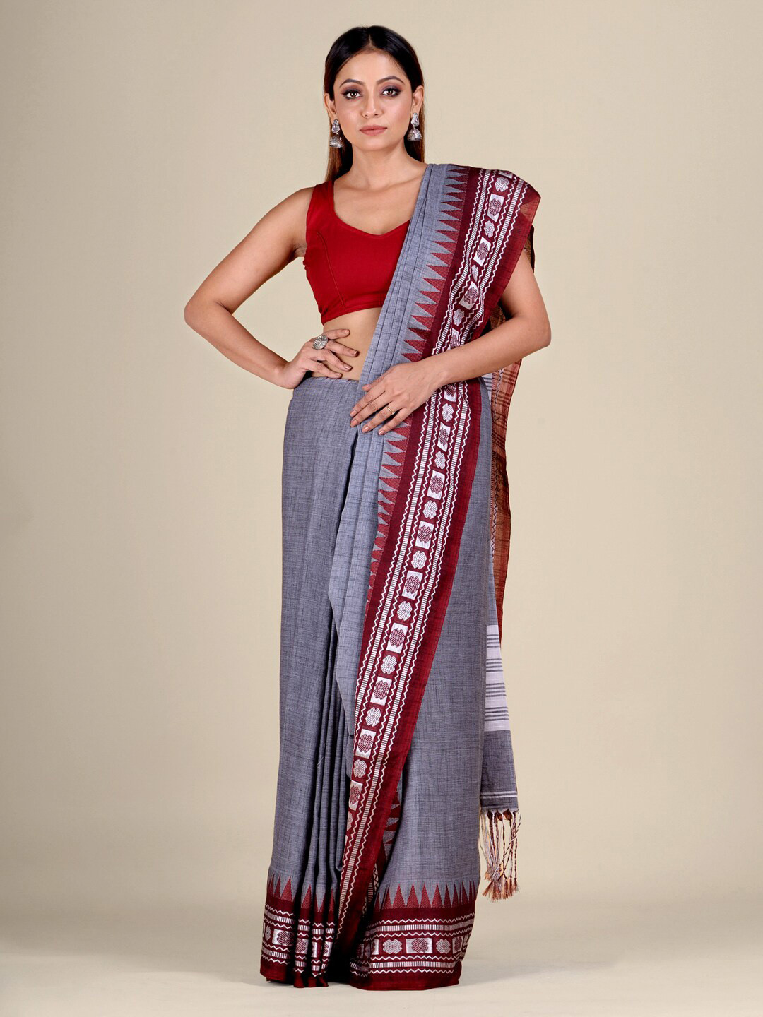 

Mitera Grey & Maroon Woven Design Pure Cotton Heavy Work Saree