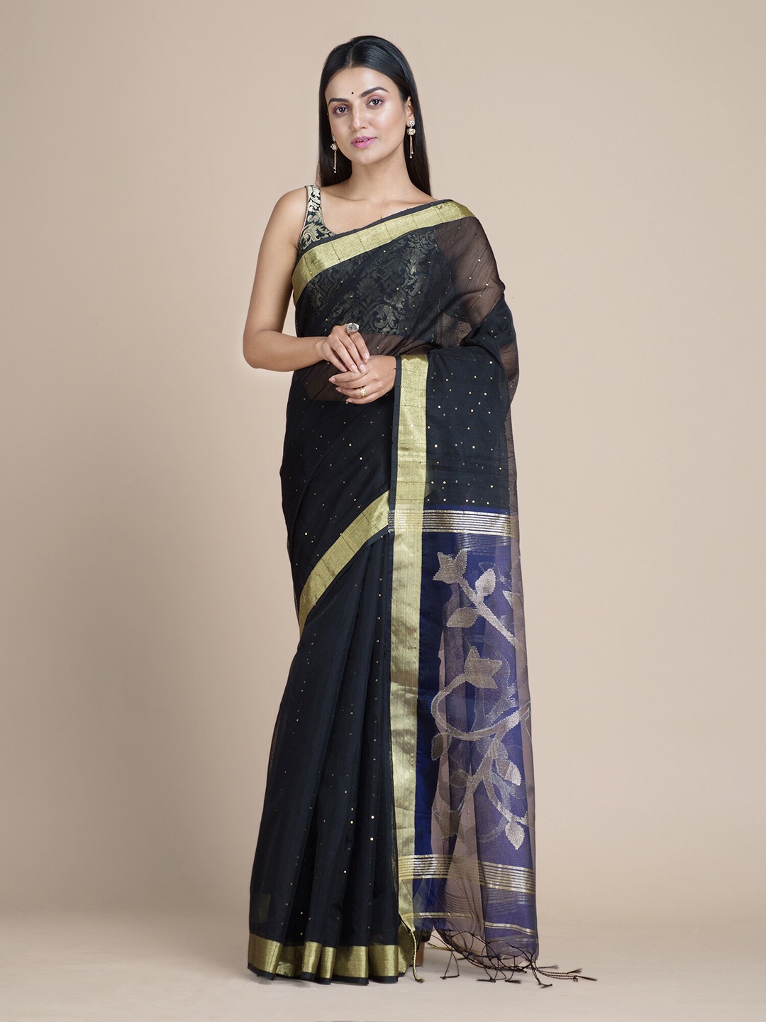

Mitera Black & Gold-Toned Woven Design Zari Silk Cotton Saree