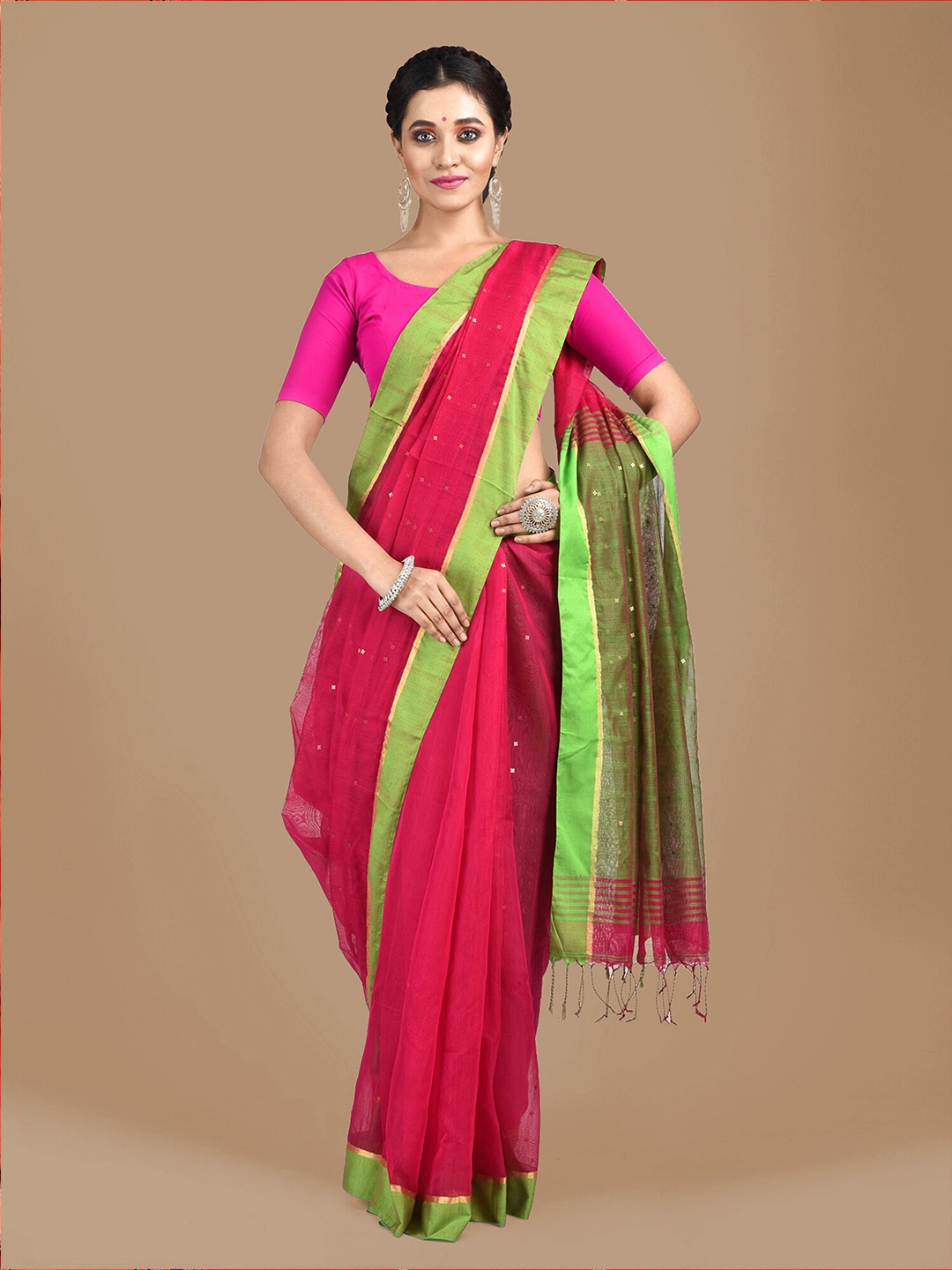 

Mitera Pink & Green Embellished Silk Cotton Saree