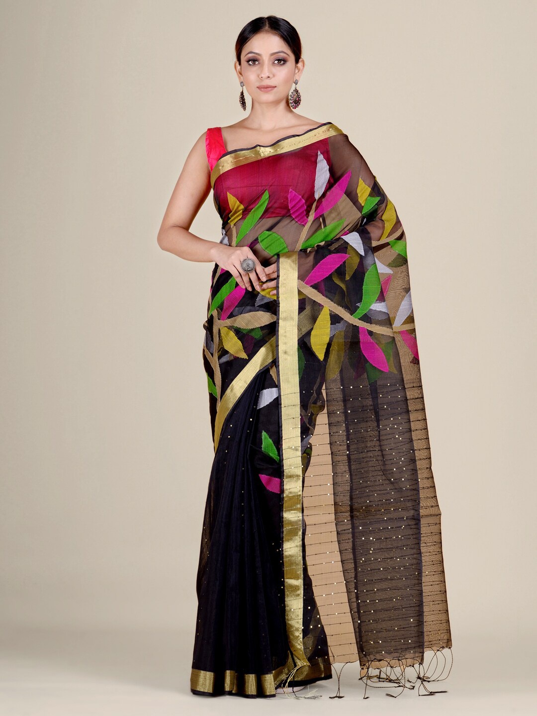 

Mitera Black & Gold-Toned Woven Design Pure Silk Saree