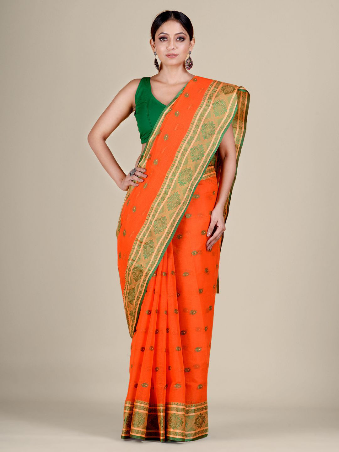 

Mitera Orange & Green Woven Design Pure Cotton Heavy Work Taant Saree