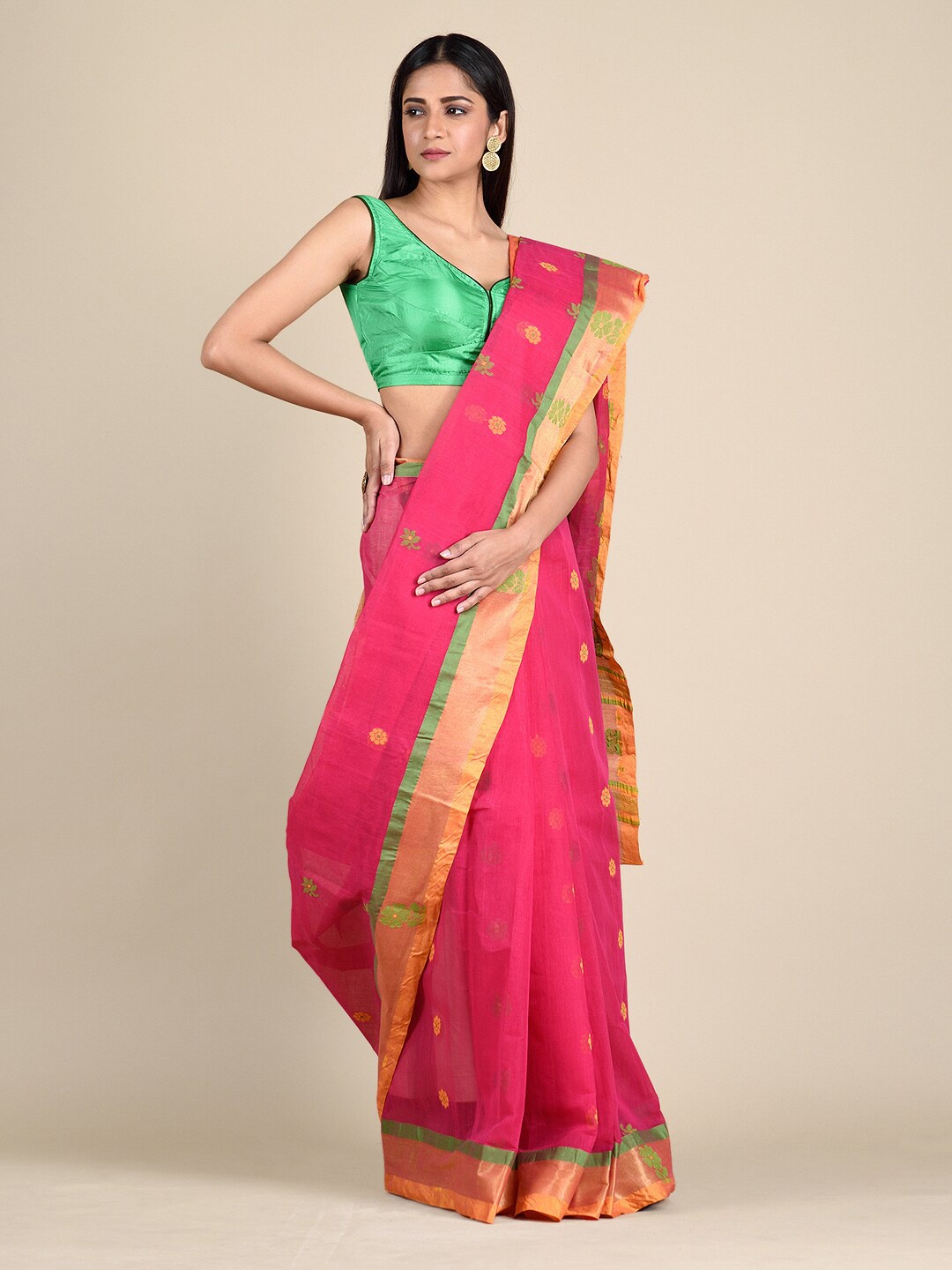 

Mitera Pink & Green Woven Design Pure Cotton Saree