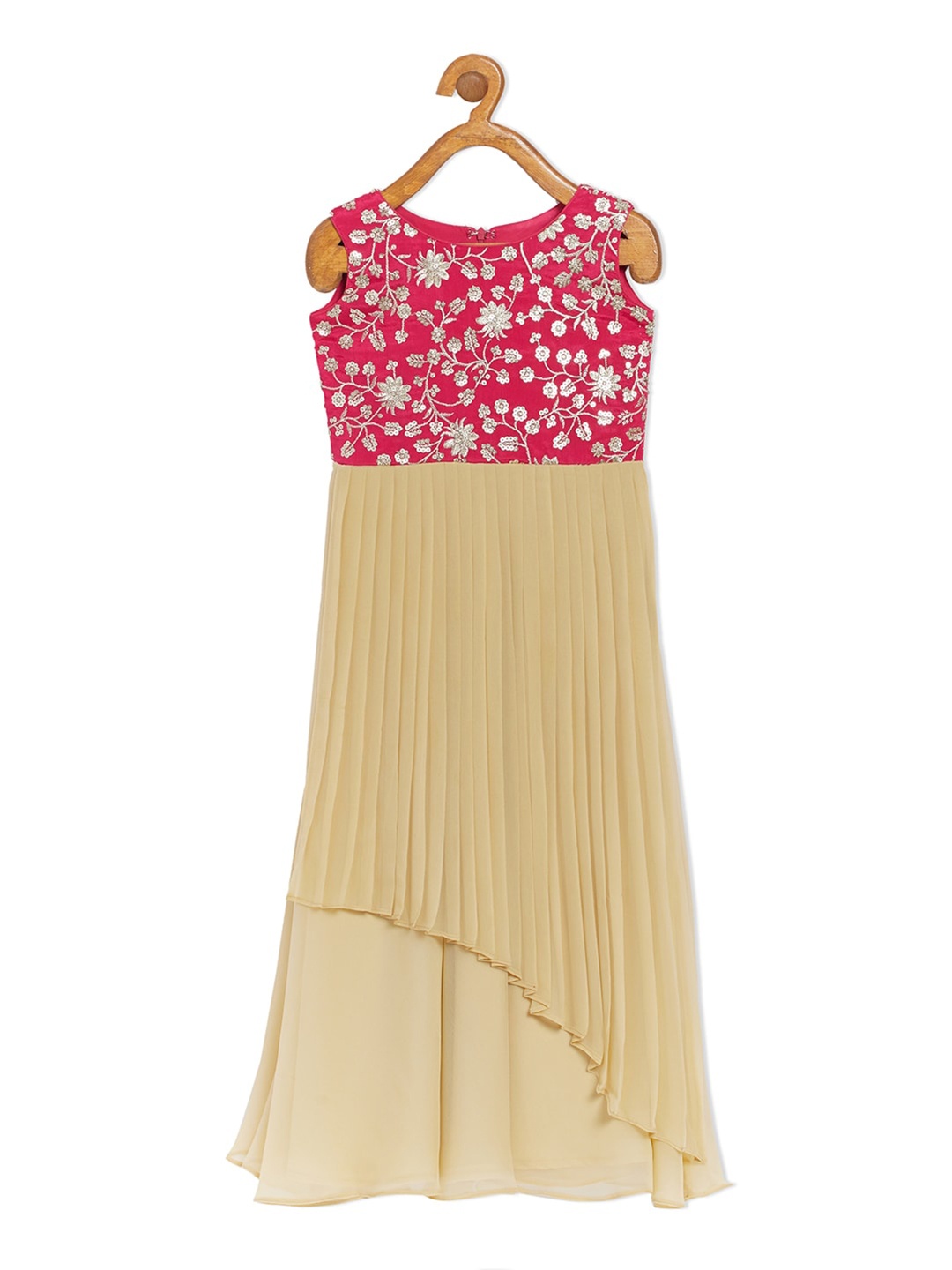 Ethnovog Beige Pink Floral Embroidered Georgette Made To Measure Maxi Dress
