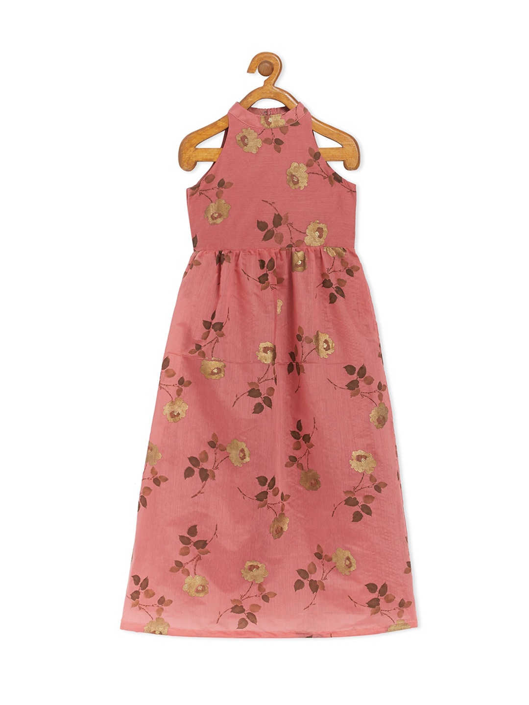 

Ethnovog Pink Floral Chanderi Maxi Dress