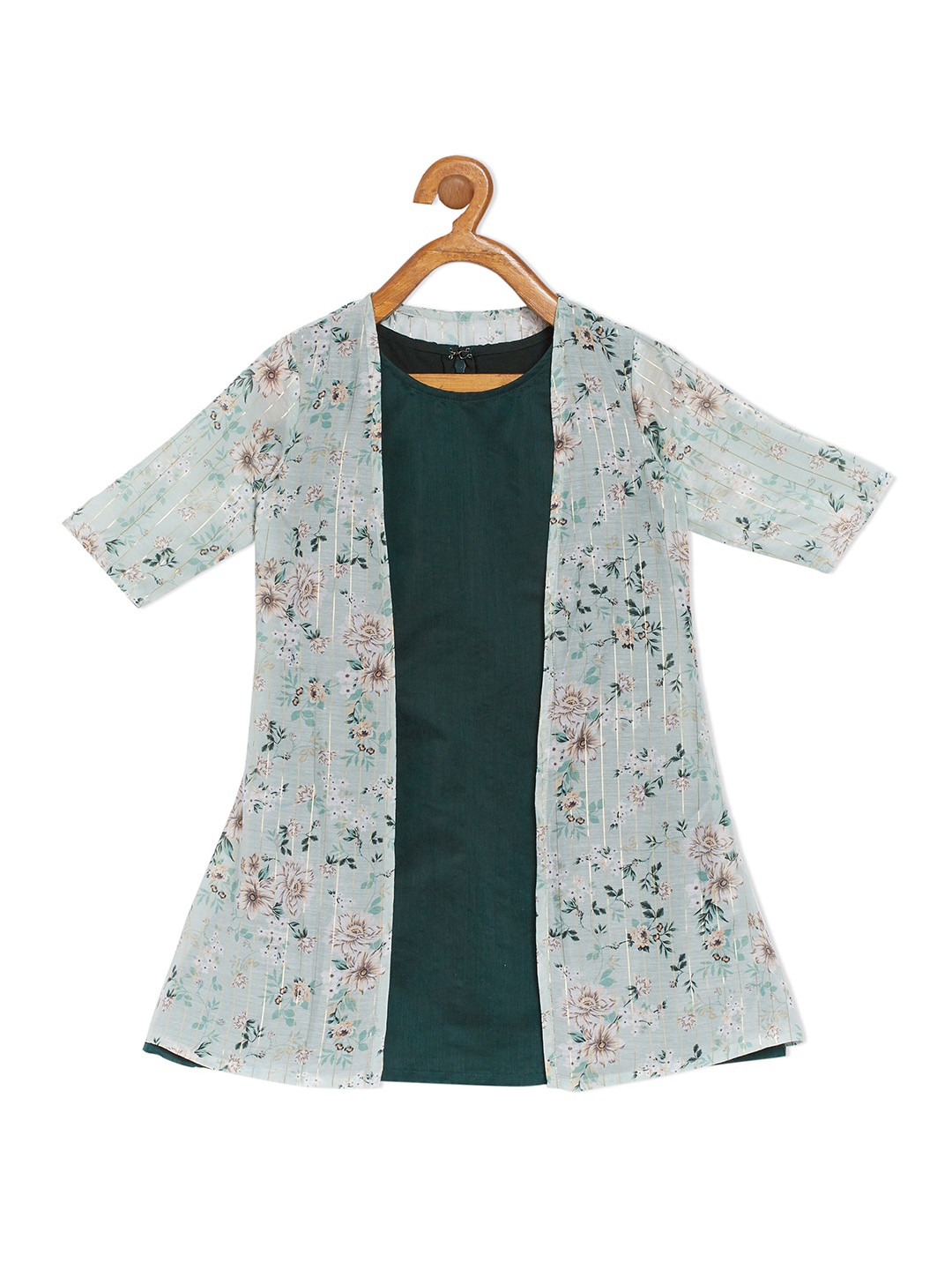 

Ethnovog Girls Green Floral A-Line Dress with Jacket