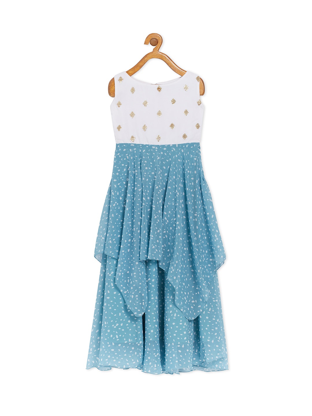 

Ethnovog Blue White Georgette Embellished A-Line Maxi Dress