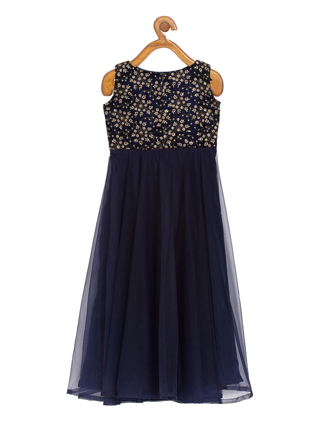 

Ethnovog Navy Blue Floral Embroidered Net Maxi Dress