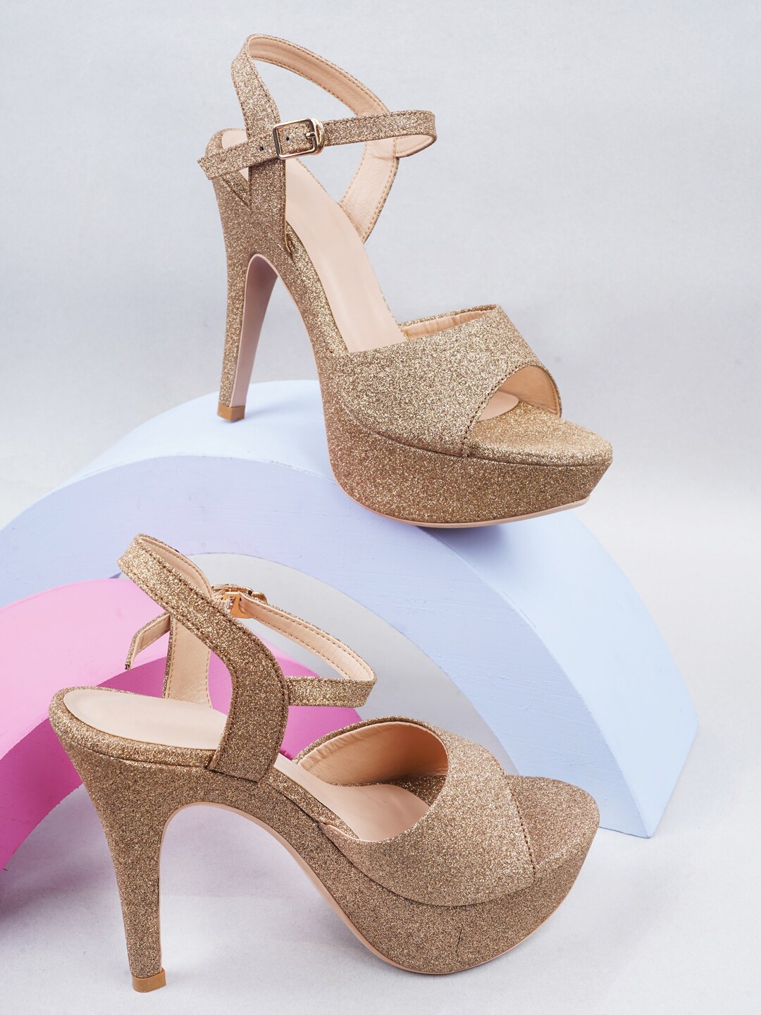 

Rubeezz Copper-Toned Textured Party Stiletto Sandals