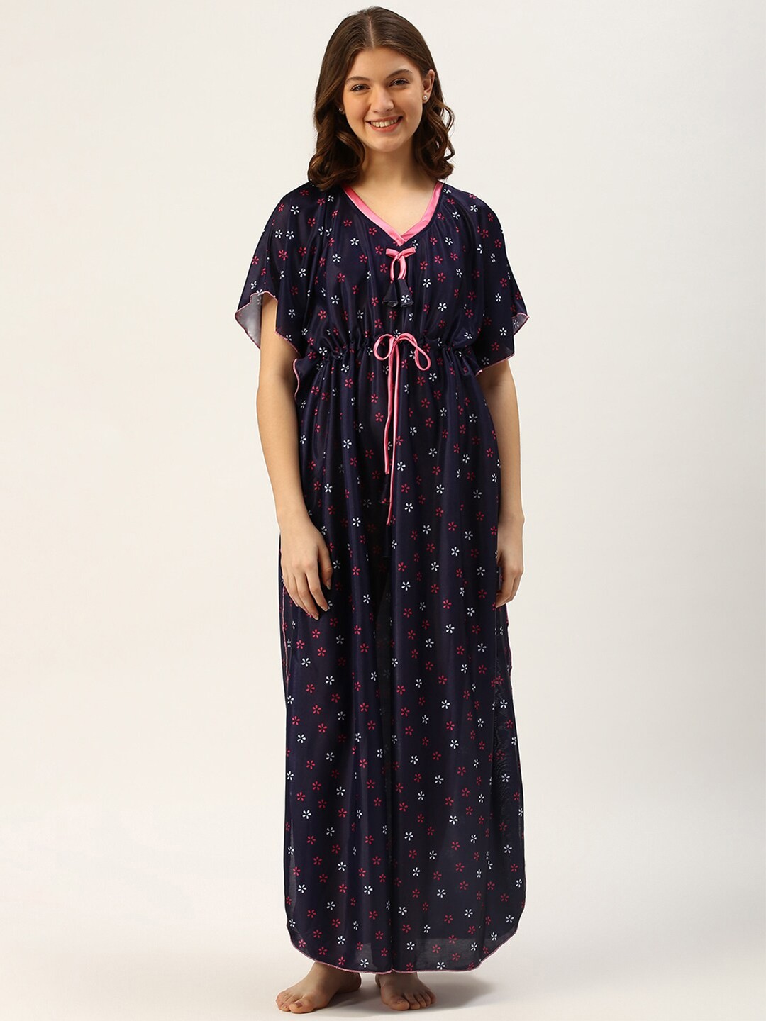 

TRUNDZ Navy Blue Floral Printed Satin Kaftan Maxi Nightdress