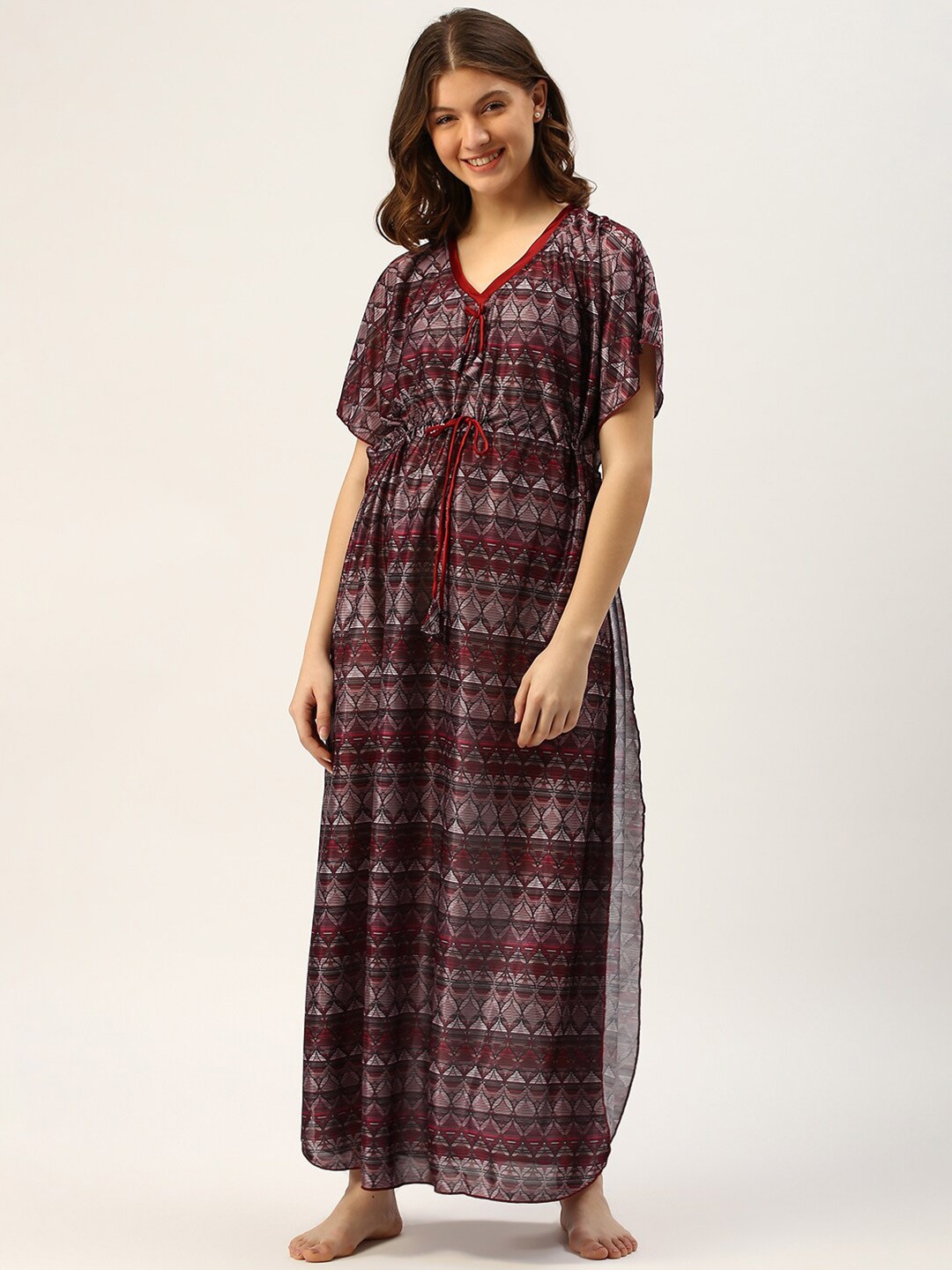 

TRUNDZ Women Red Satin Printed Kaftan Maxi Nightdress