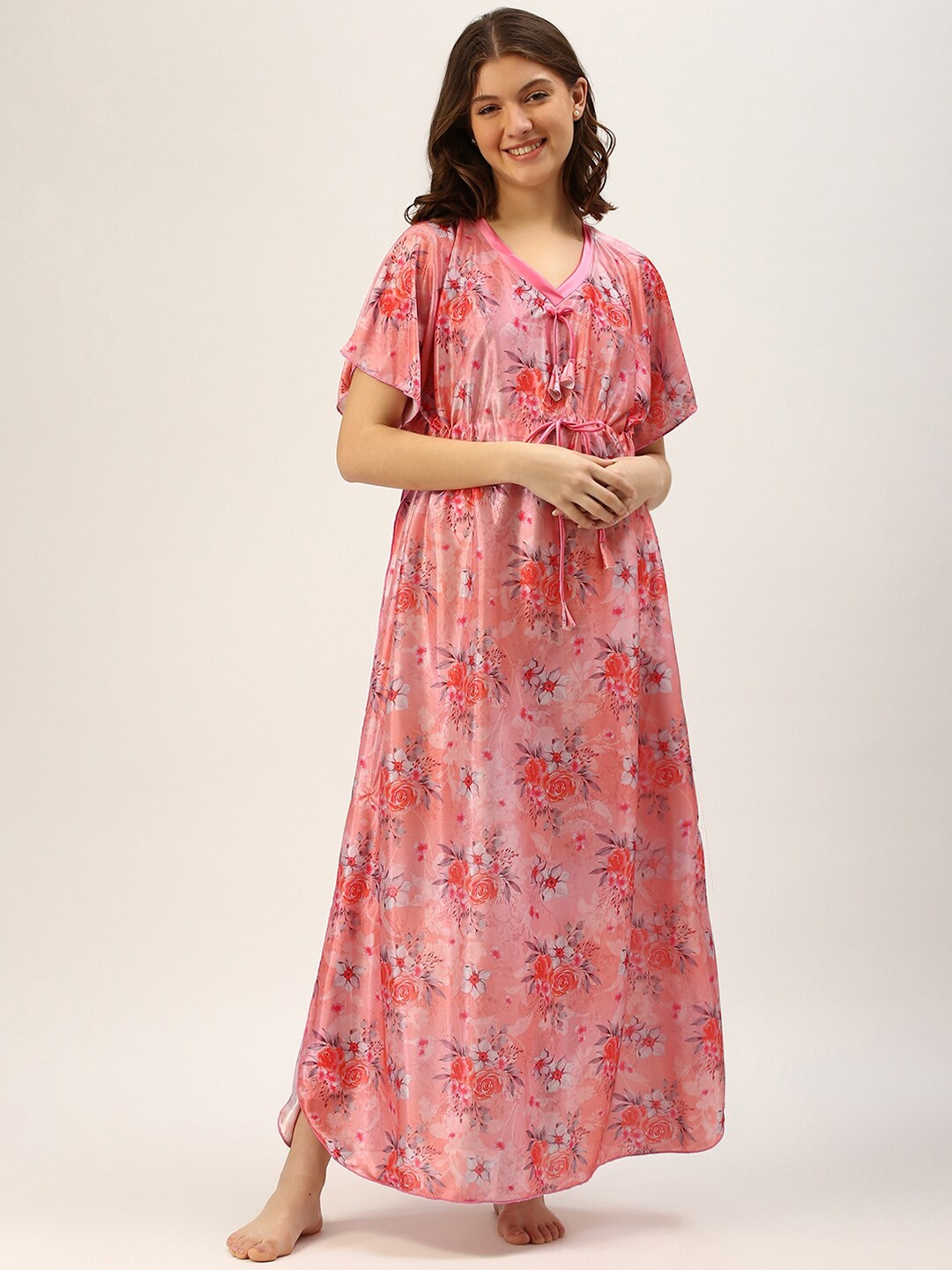 

TRUNDZ Women Orange Floral Printed Kaftan Nightdress