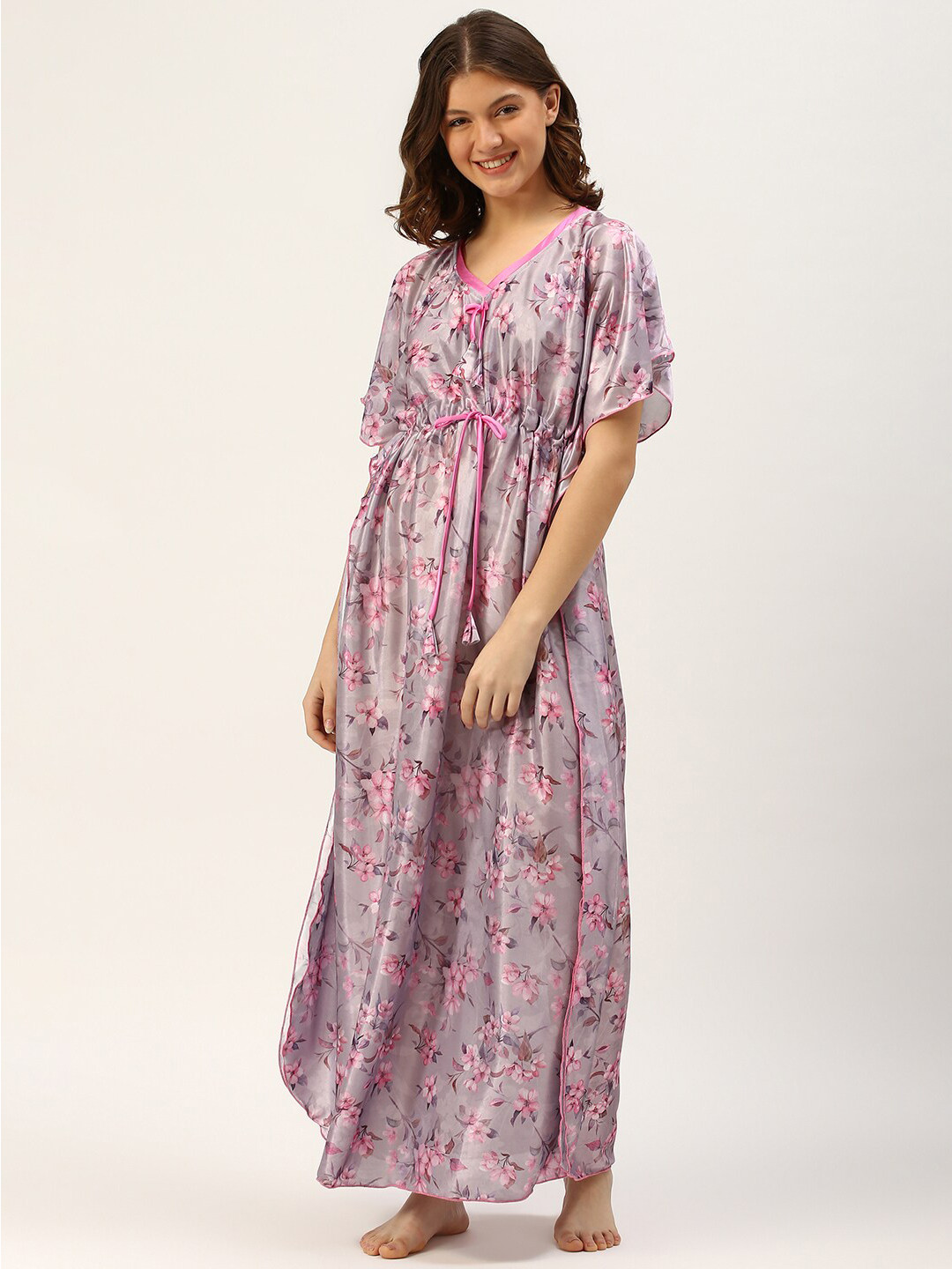 

TRUNDZ Grey Printed Satin Maxi Kaftan Nightdress